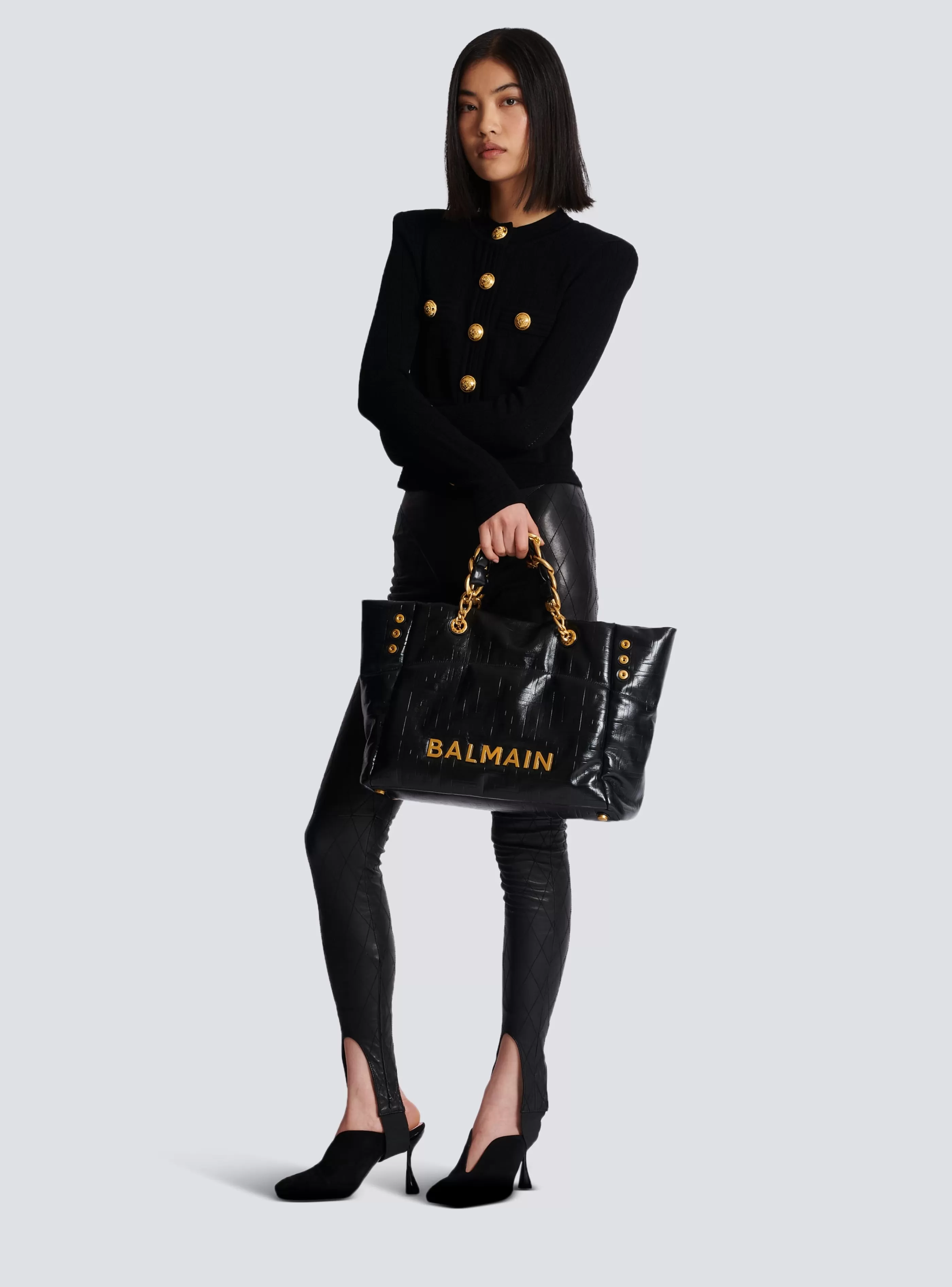 Balmain Borse-1945 Soft Tote Bag In Crackled Calfskin black