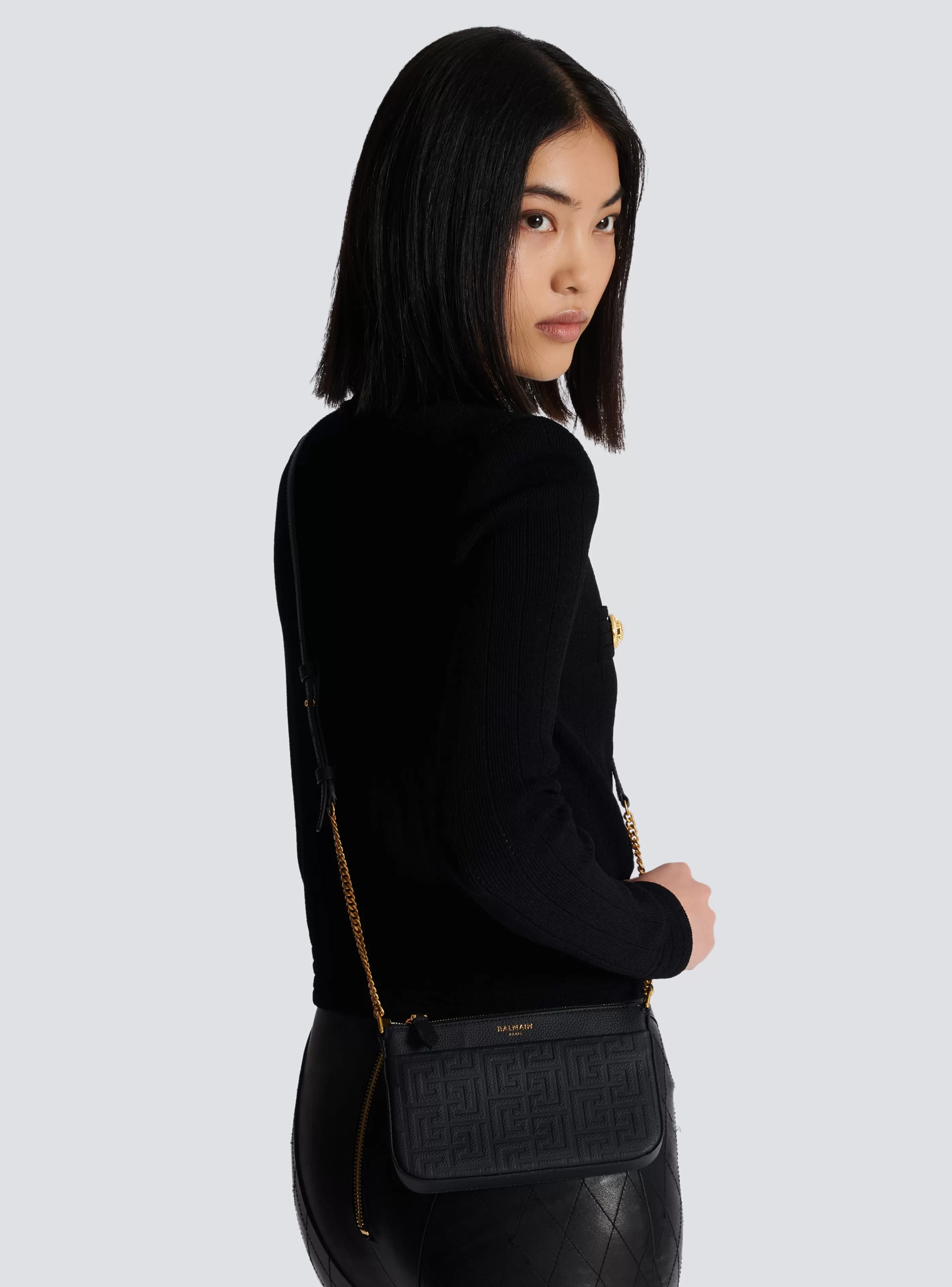 Balmain Borse Mini | Borse A Tracolla-1945 Soft Zipped Mini Bag In Embossed Grained Calfskin With A PB Labyrinth Monogram black