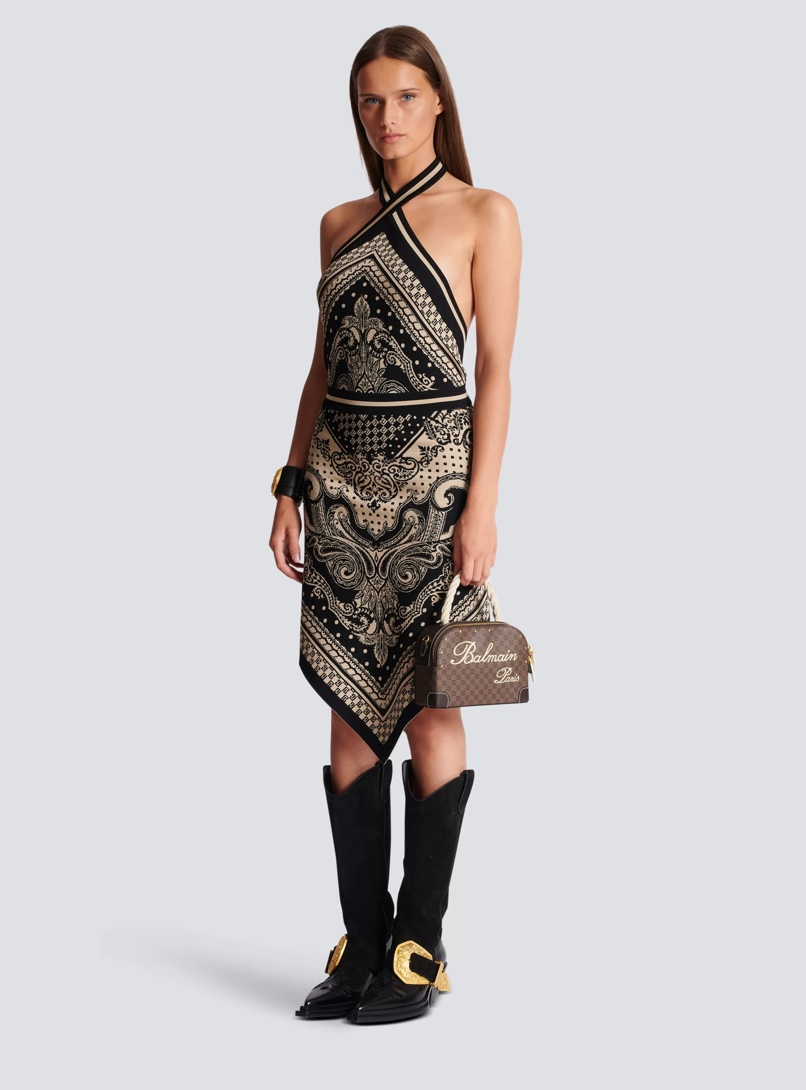 Balmain Maglieria | Abiti-Backless Knit Paisley And Monogram Dress black