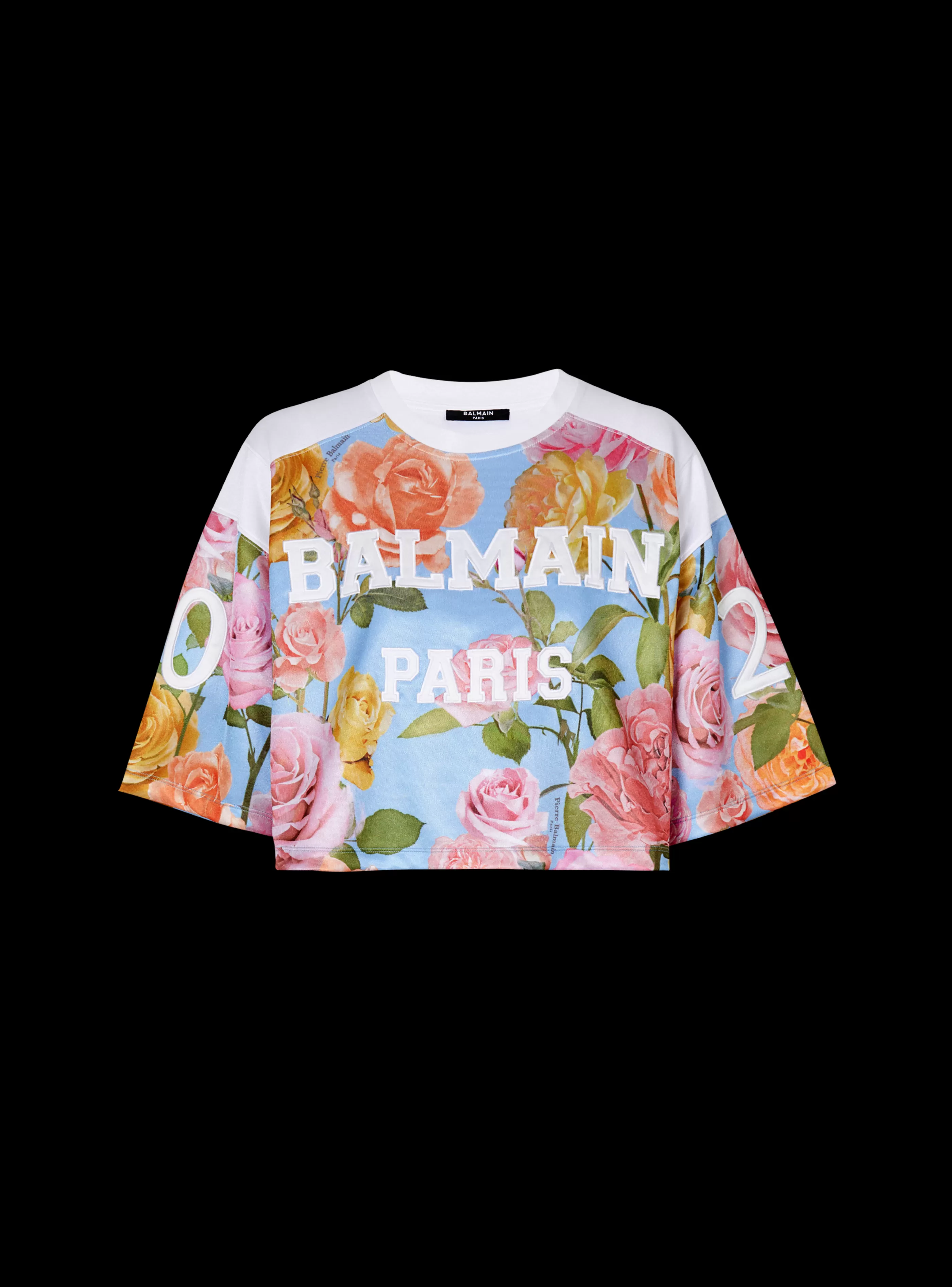 Balmain T-Shirt- Baseball T-shirt With Pastel Roses Print multicolor