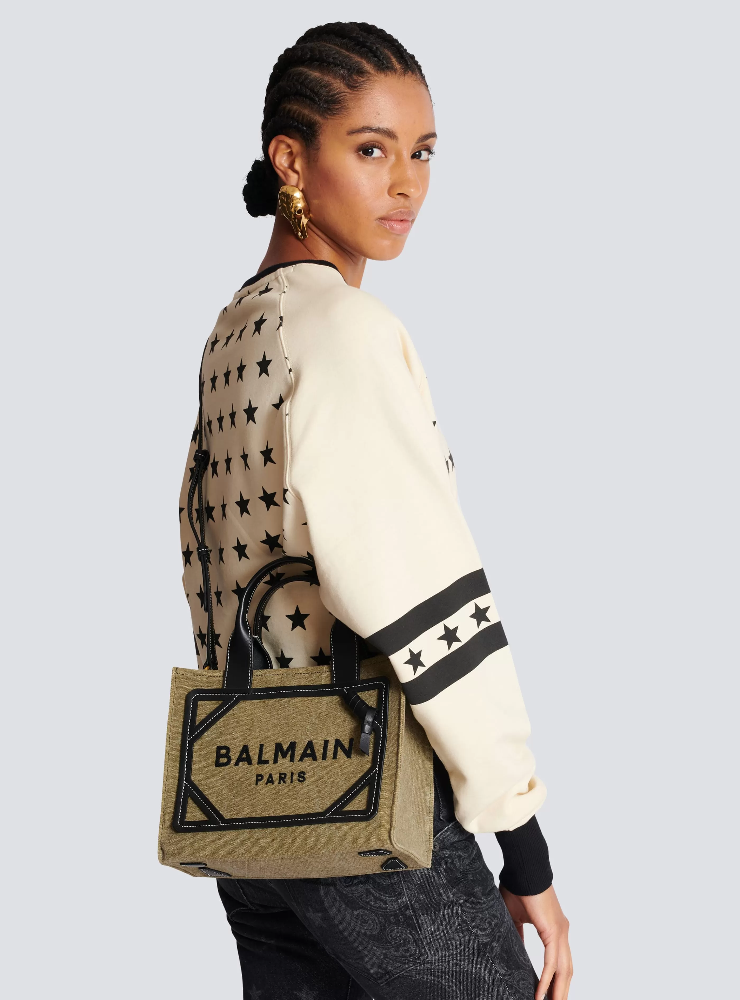 Balmain Shopper | Borse A Spalla-B-Army Small Canvas Shopping Bag With Leather Inserts khaki