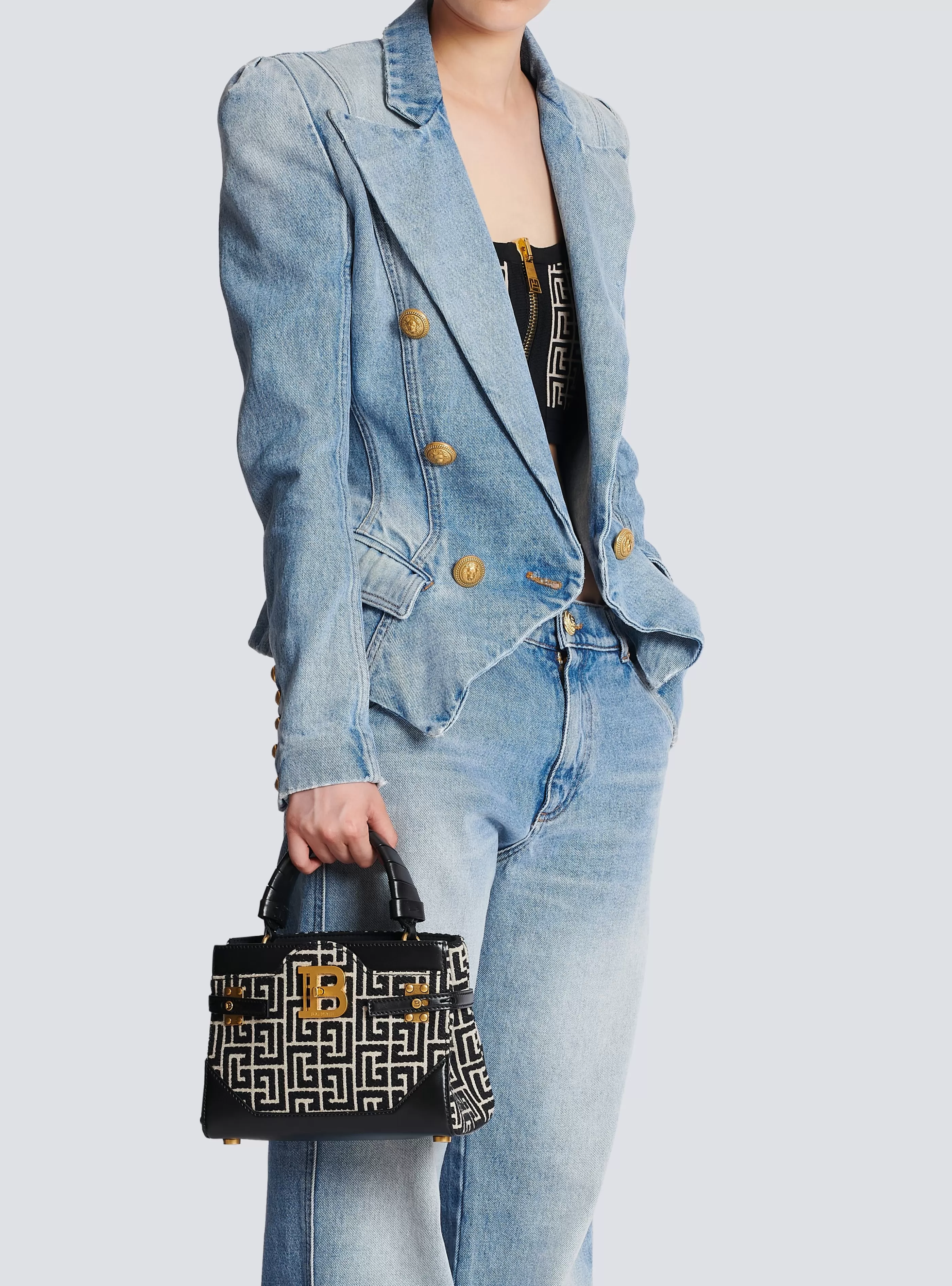 Balmain Borse A Spalla | Borse A Tracolla-B-Buzz 22 Top Handle Bag In Leather With Jacquard Monogram black