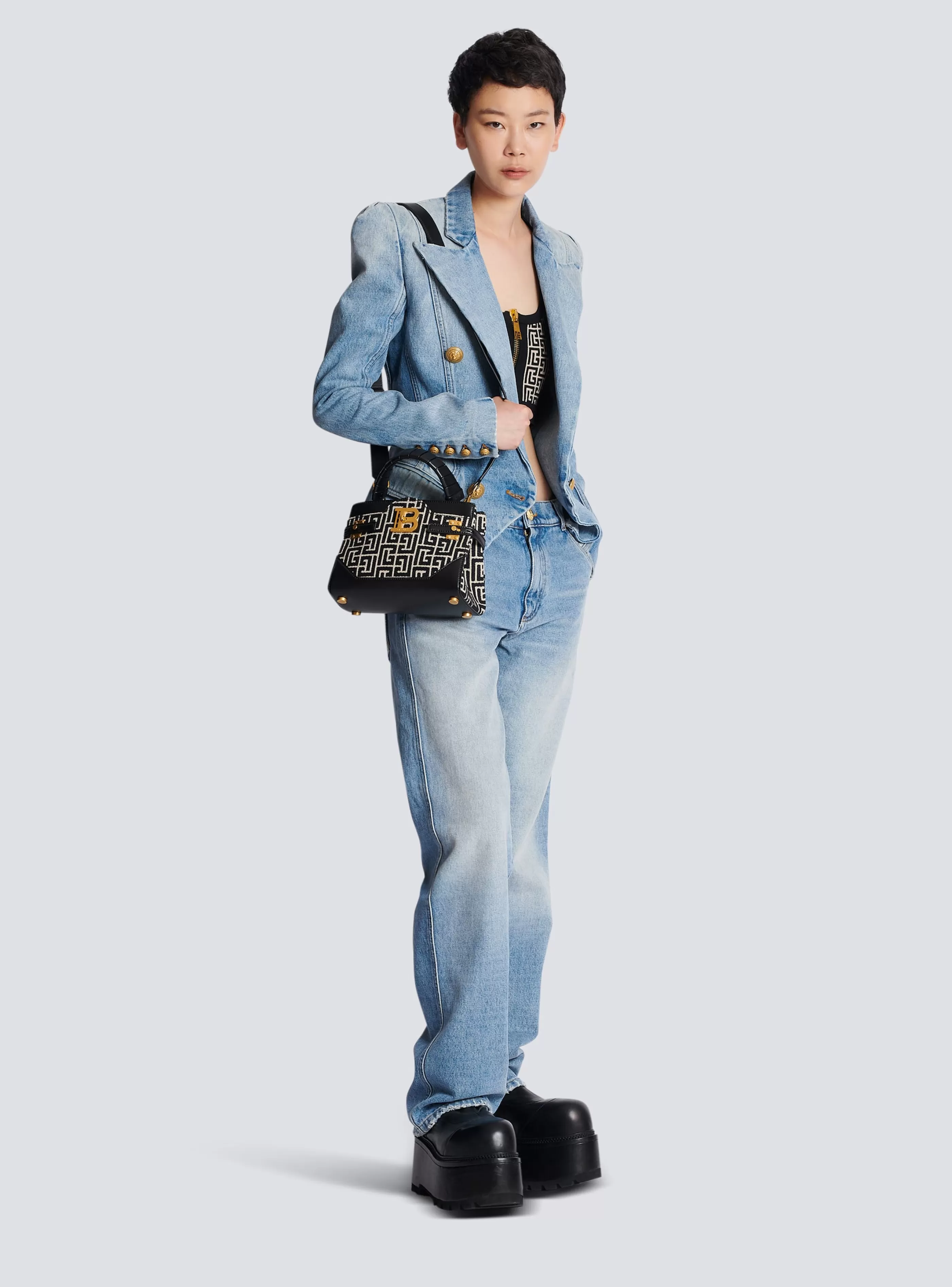 Balmain Borse A Spalla | Borse A Tracolla-B-Buzz 22 Top Handle Bag In Leather With Jacquard Monogram black