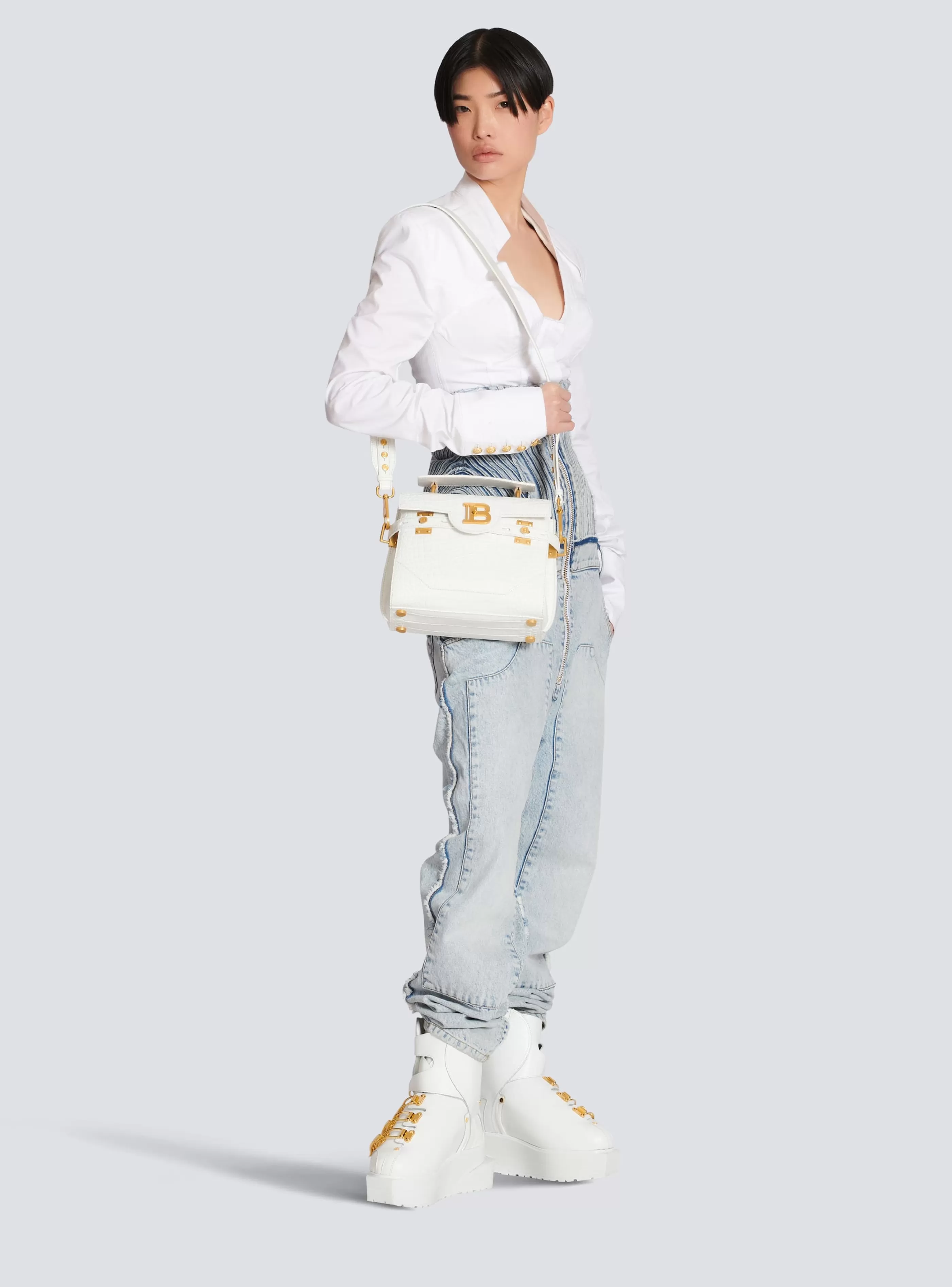Balmain Borse A Spalla | Borse A Tracolla-B-Buzz 23 Bag In Crocodile Effect-embossed Leather white