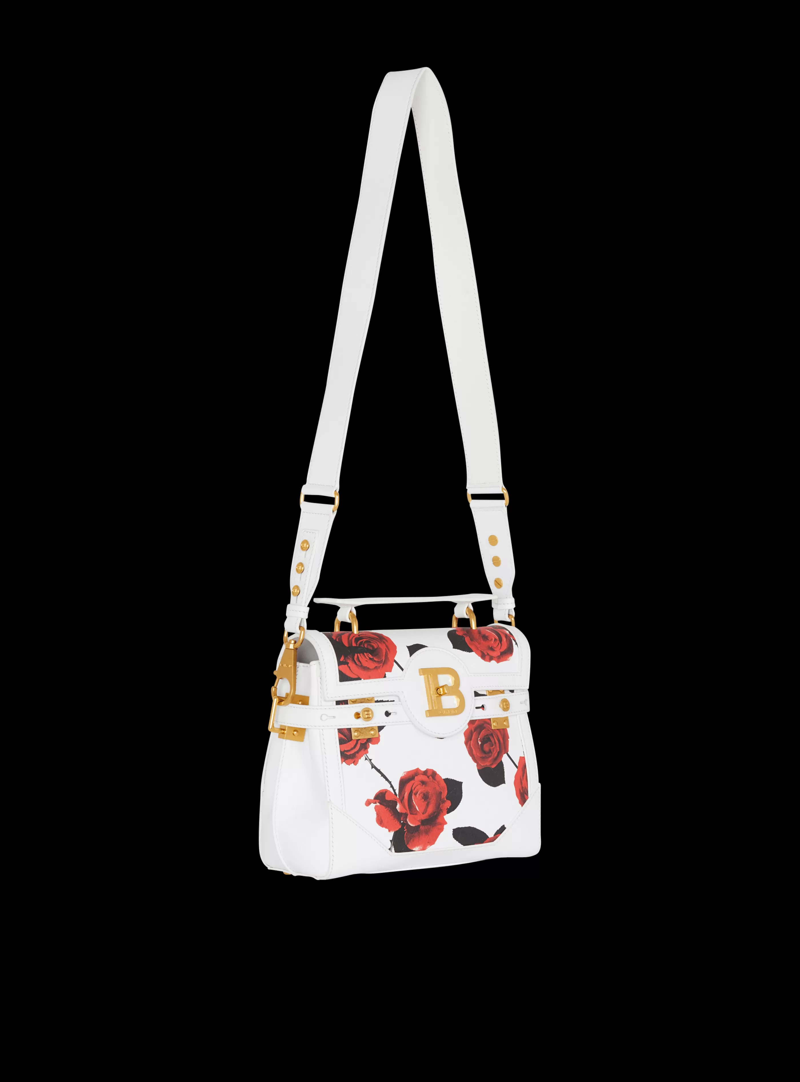 Balmain Borse A Spalla | Borse A Tracolla-B-Buzz 23 Calfskin Bag With A Roses Print And Embossed Grid Motif red