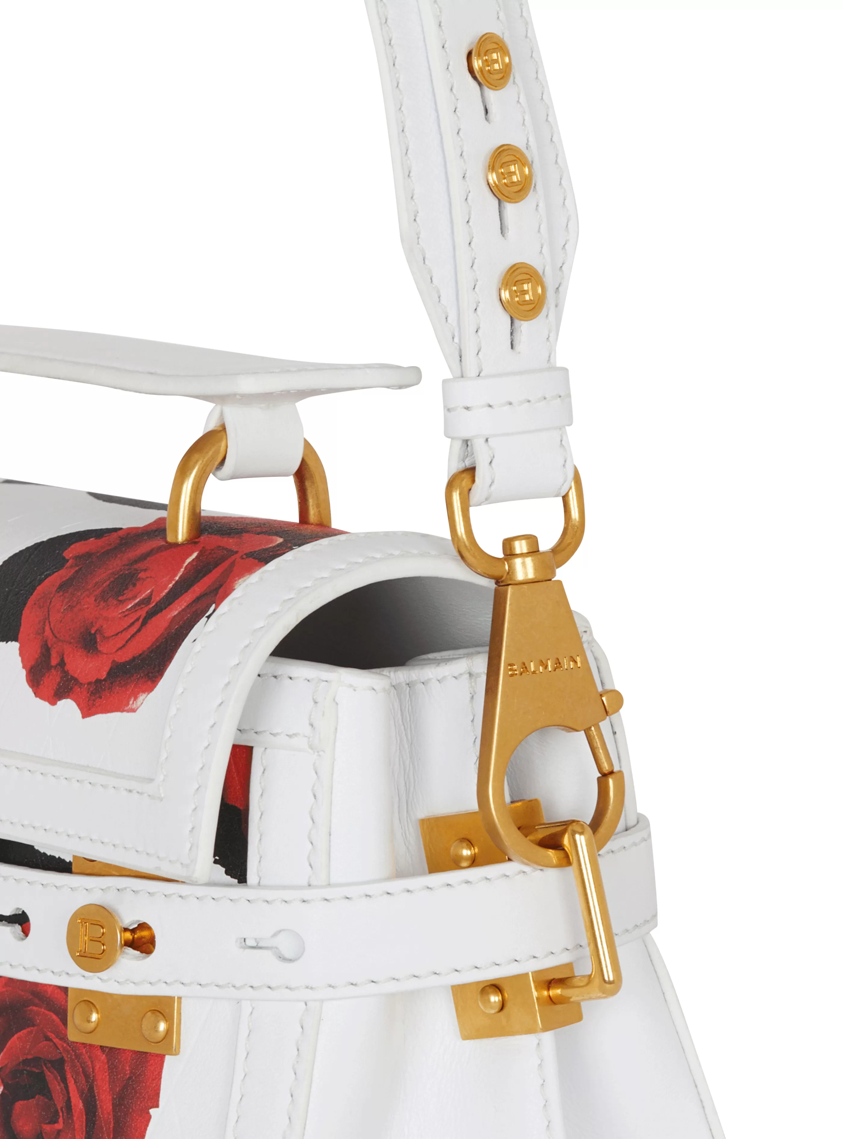 Balmain Borse A Spalla | Borse A Tracolla-B-Buzz 23 Calfskin Bag With A Roses Print And Embossed Grid Motif red