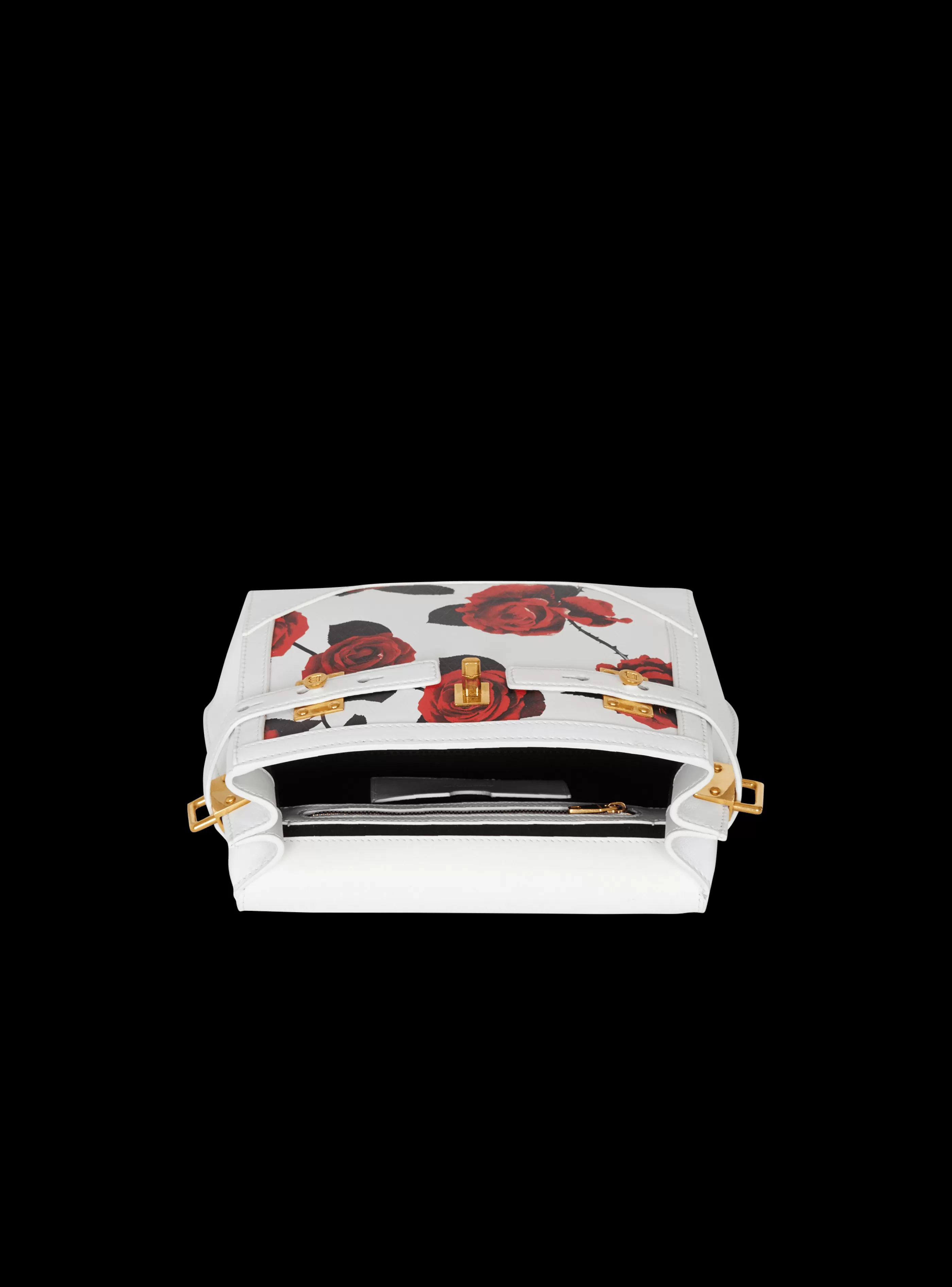 Balmain Borse A Spalla | Borse A Tracolla-B-Buzz 23 Calfskin Bag With A Roses Print And Embossed Grid Motif red