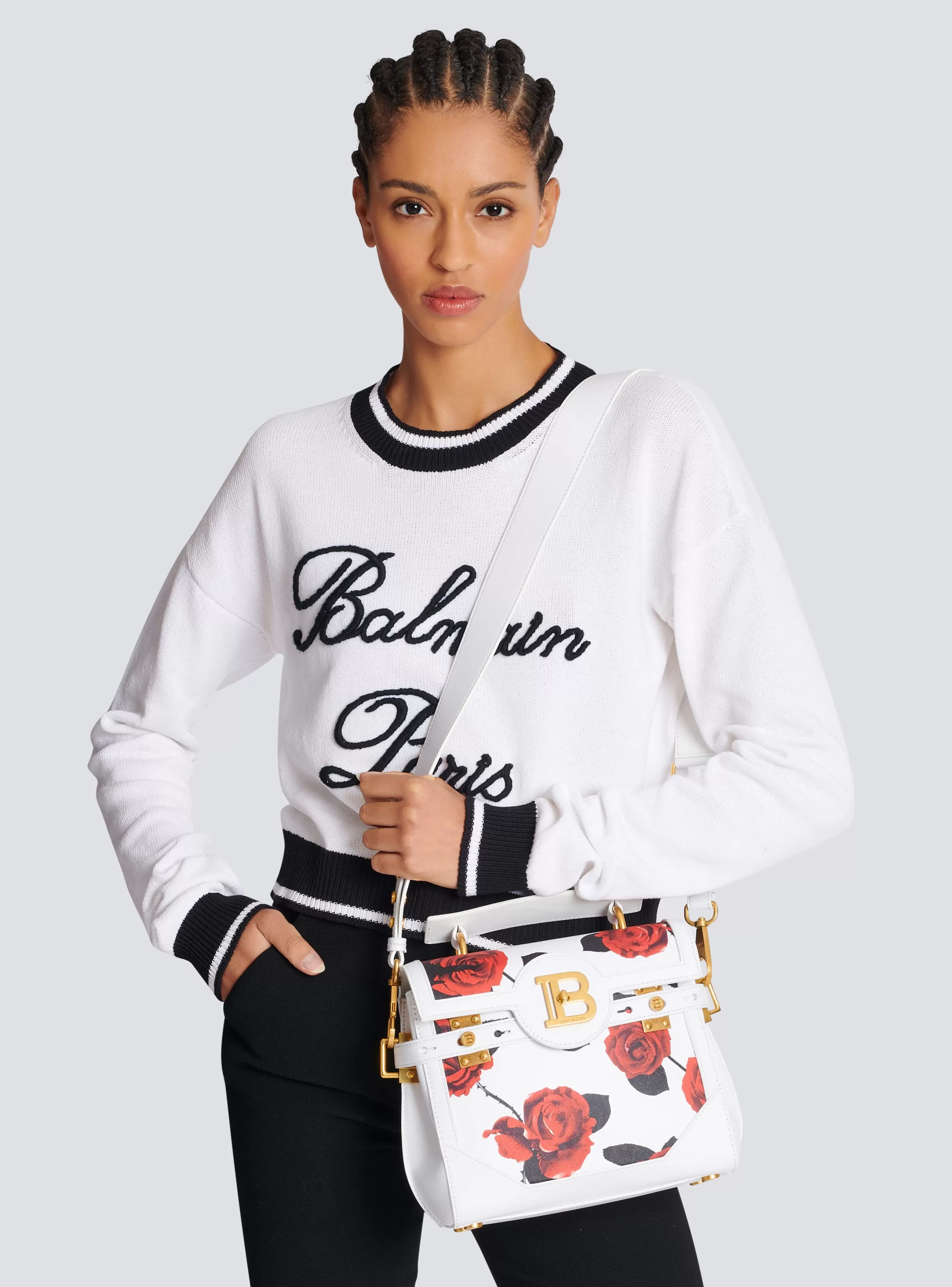 Balmain Borse A Spalla | Borse A Tracolla-B-Buzz 23 Calfskin Bag With A Roses Print And Embossed Grid Motif red