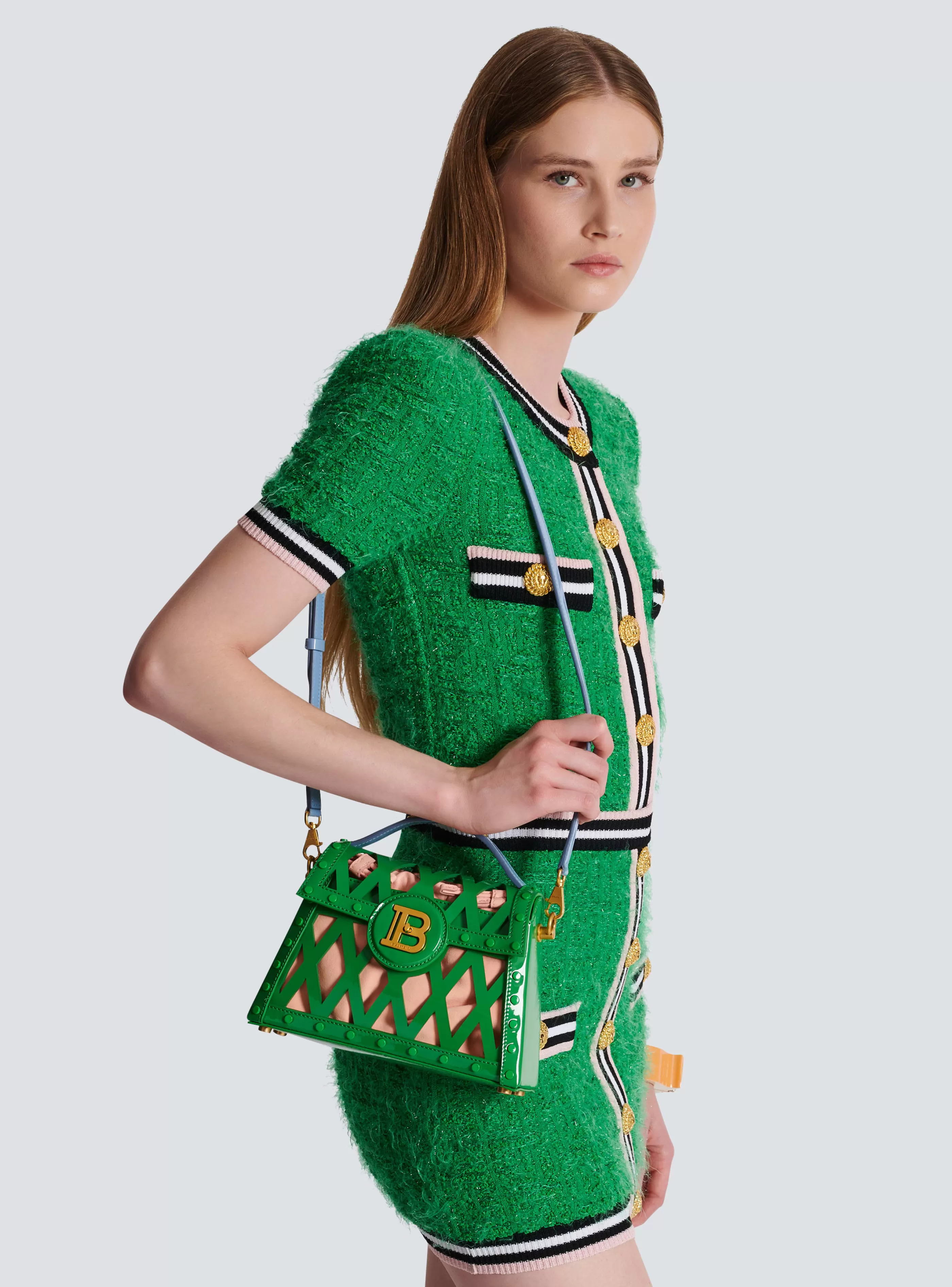 Balmain Borse A Spalla | Borse A Tracolla-B-Buzz Dynasty Bag In Patent Leather With An Openwork Grid Motif green