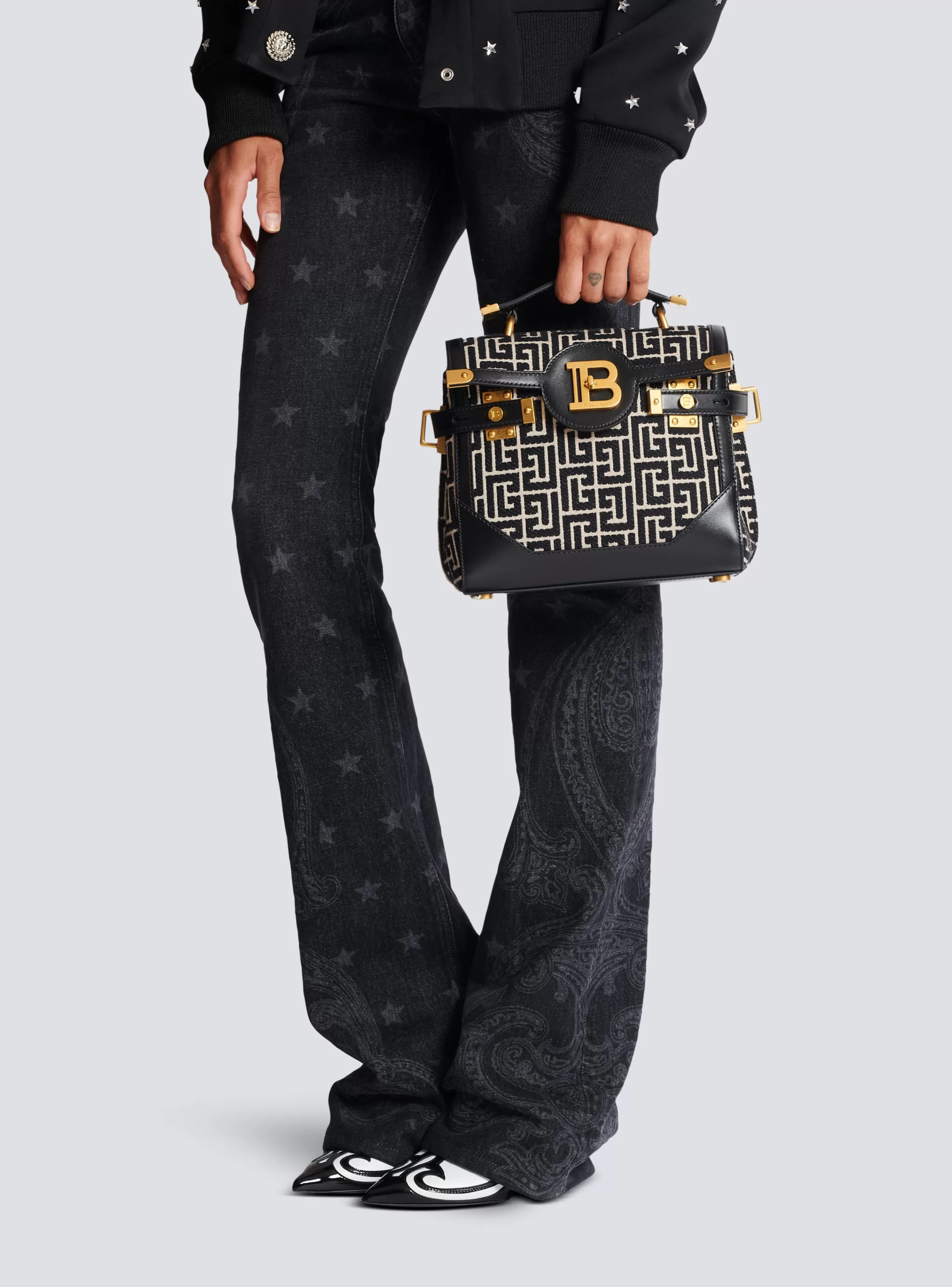 Balmain Borse A Spalla | Borse A Tracolla-Bicolor Jacquard B-Buzz 23 Bag With Leather Panel black