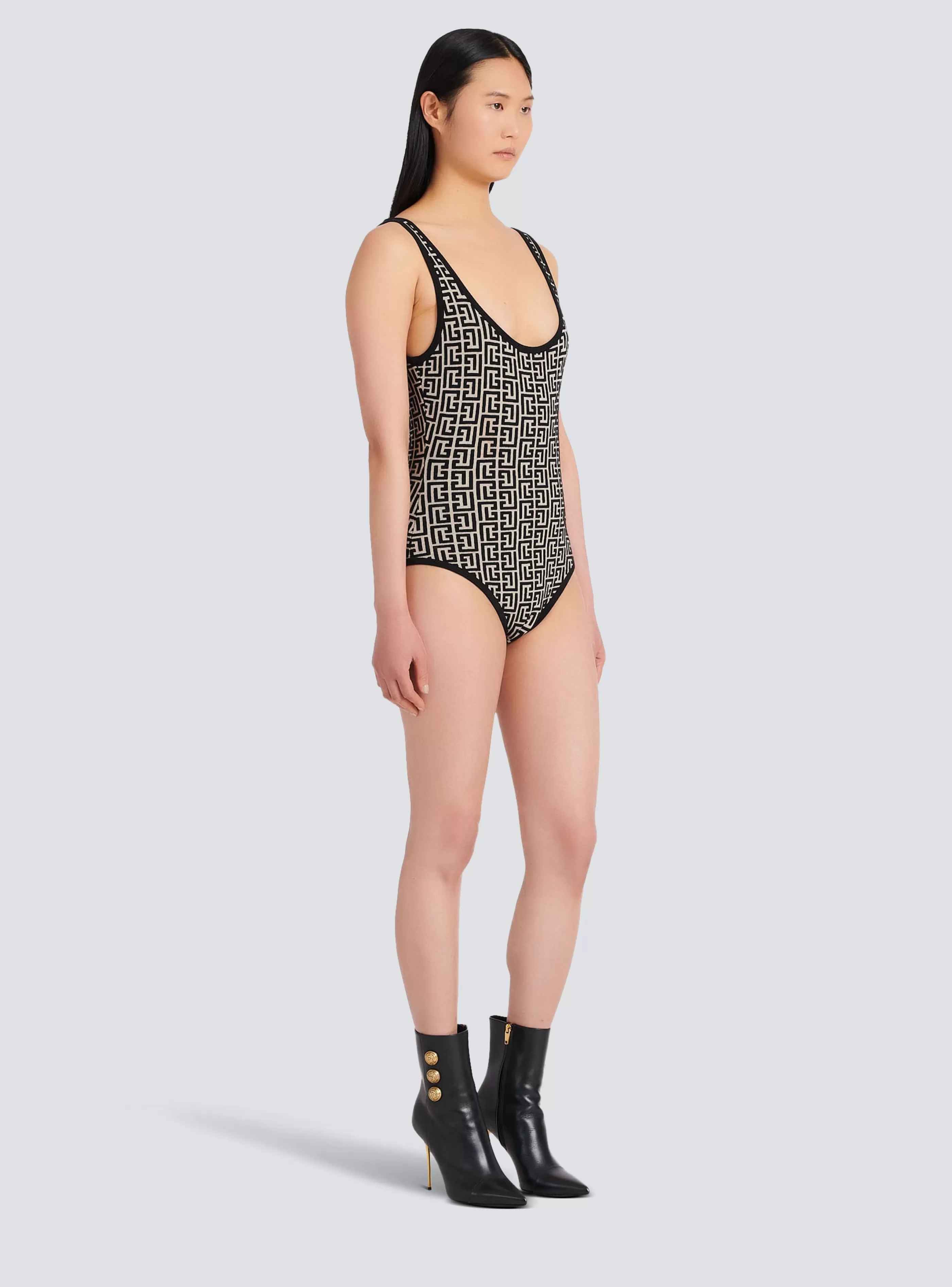 Balmain Top E Camicie-Bicolor Jacquard Bodysuit With Monogram black
