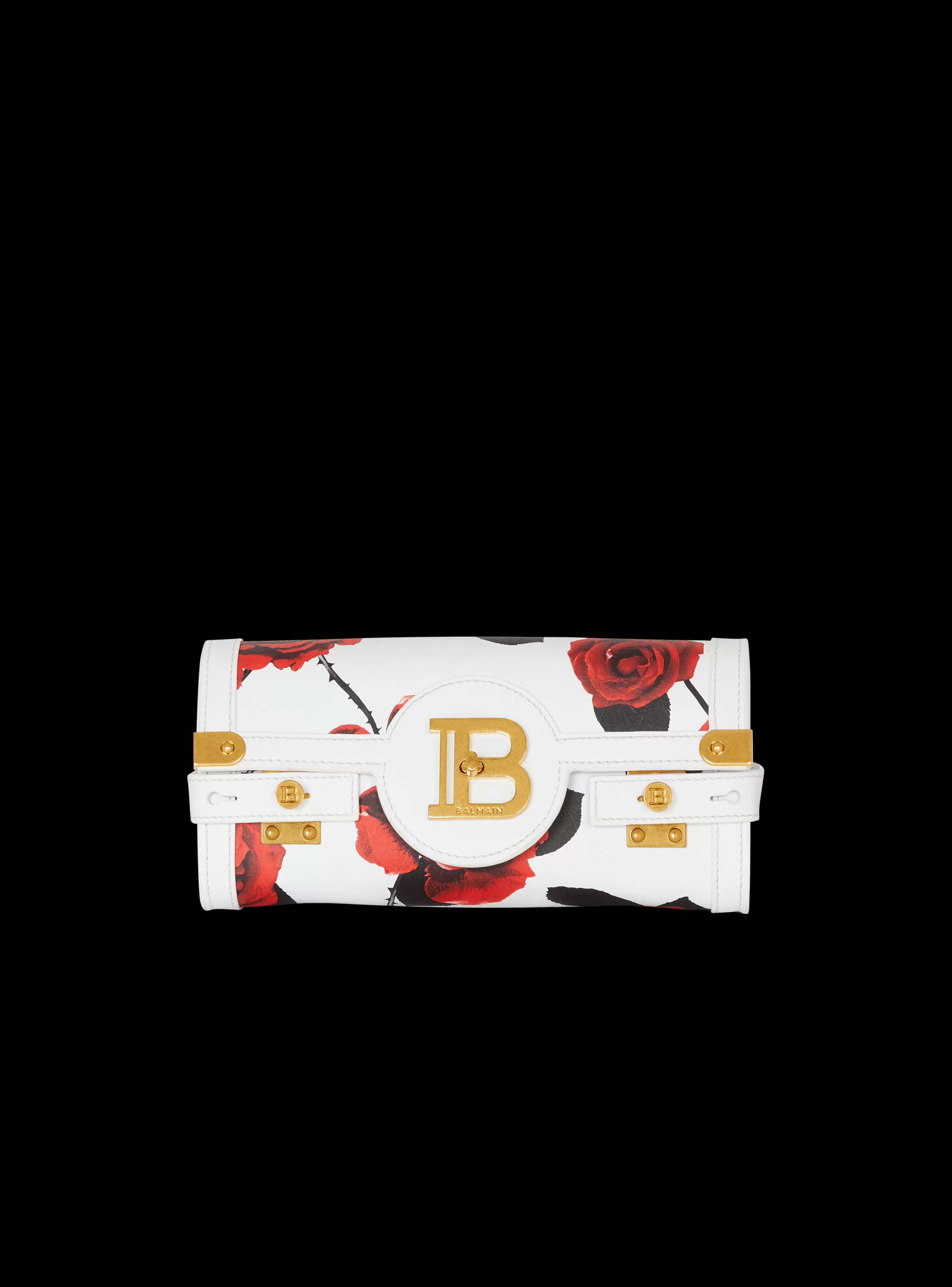 Balmain Borse Mini | Borse A Spalla-Calfskin B-Buzz Pouch 23 With A Roses Print And Embossed Grid Motif red