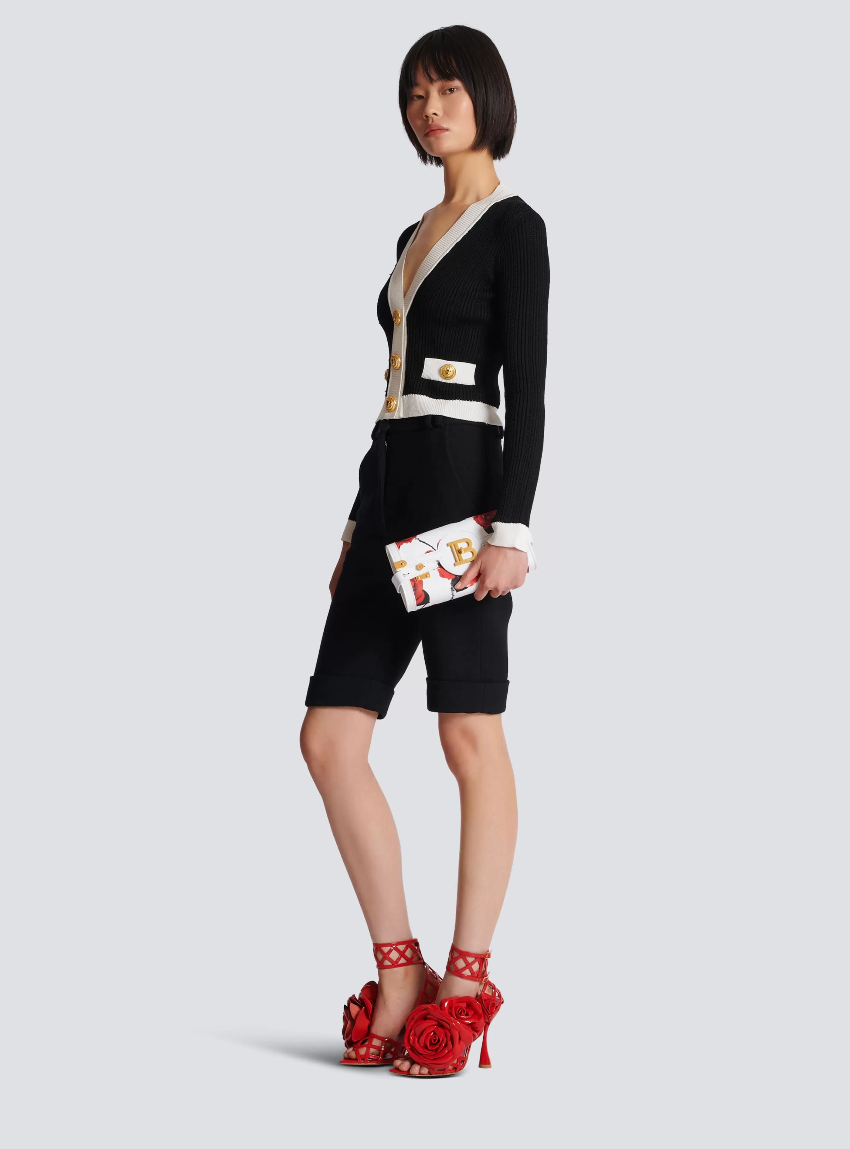 Balmain Borse Mini | Borse A Spalla-Calfskin B-Buzz Pouch 23 With A Roses Print And Embossed Grid Motif red