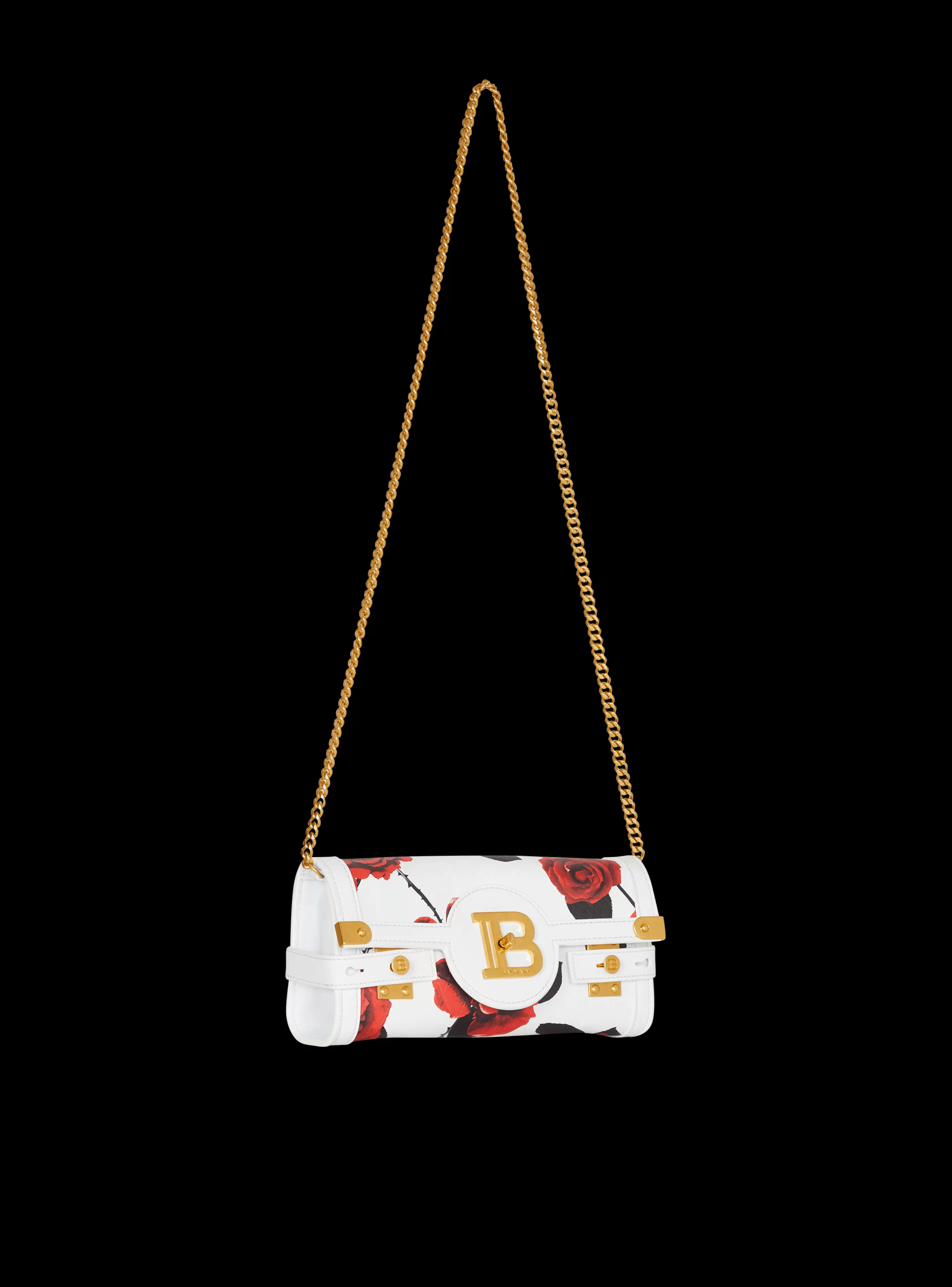 Balmain Borse Mini | Borse A Spalla-Calfskin B-Buzz Pouch 23 With A Roses Print And Embossed Grid Motif red