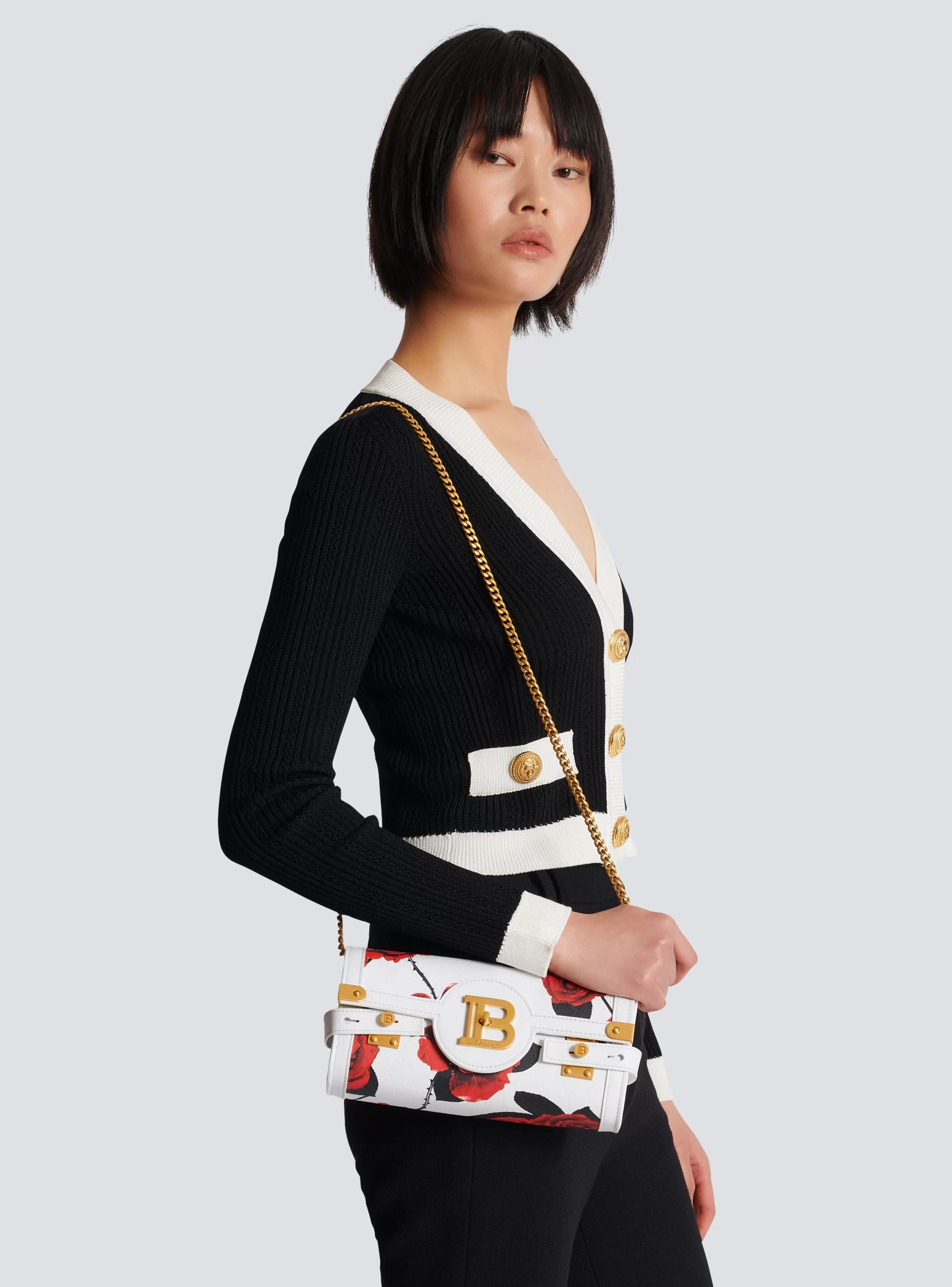 Balmain Borse Mini | Borse A Spalla-Calfskin B-Buzz Pouch 23 With A Roses Print And Embossed Grid Motif red