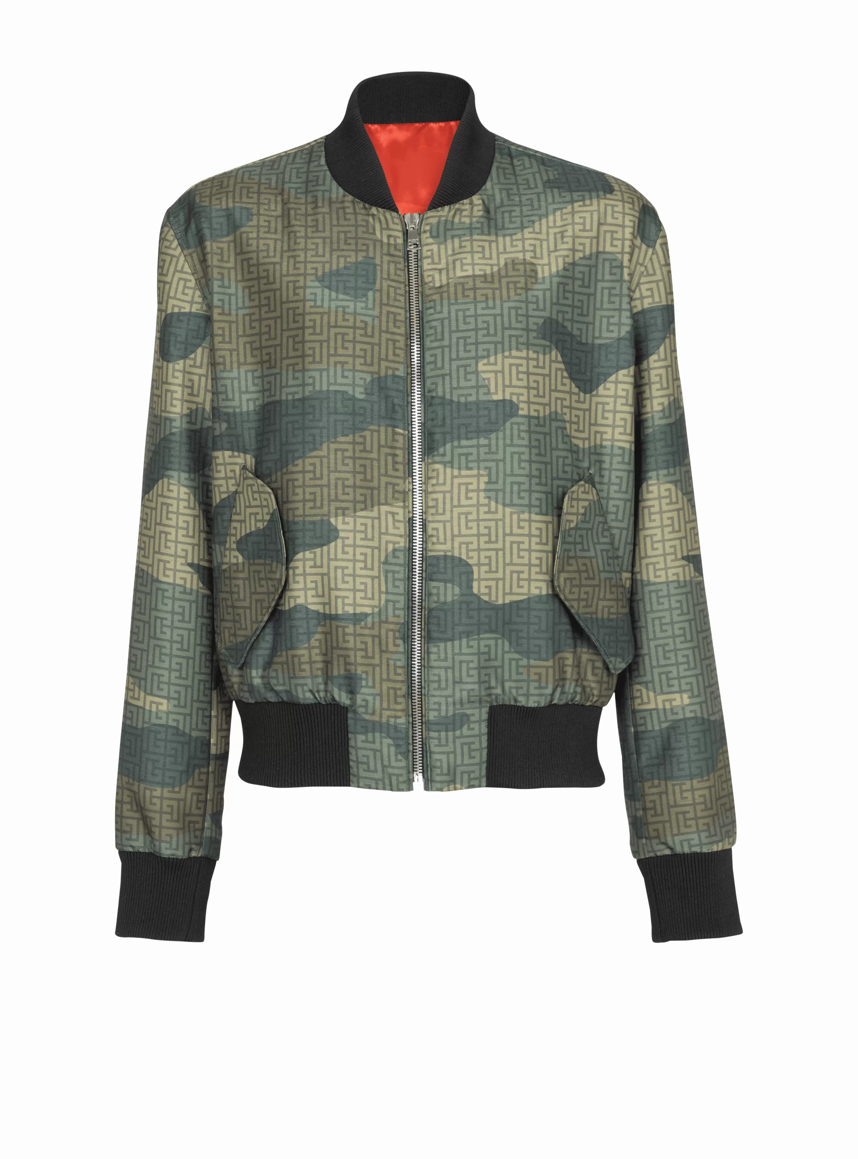 Balmain Capispalla-Camouflage Monogrammed Shantung Bomber Jacket khaki