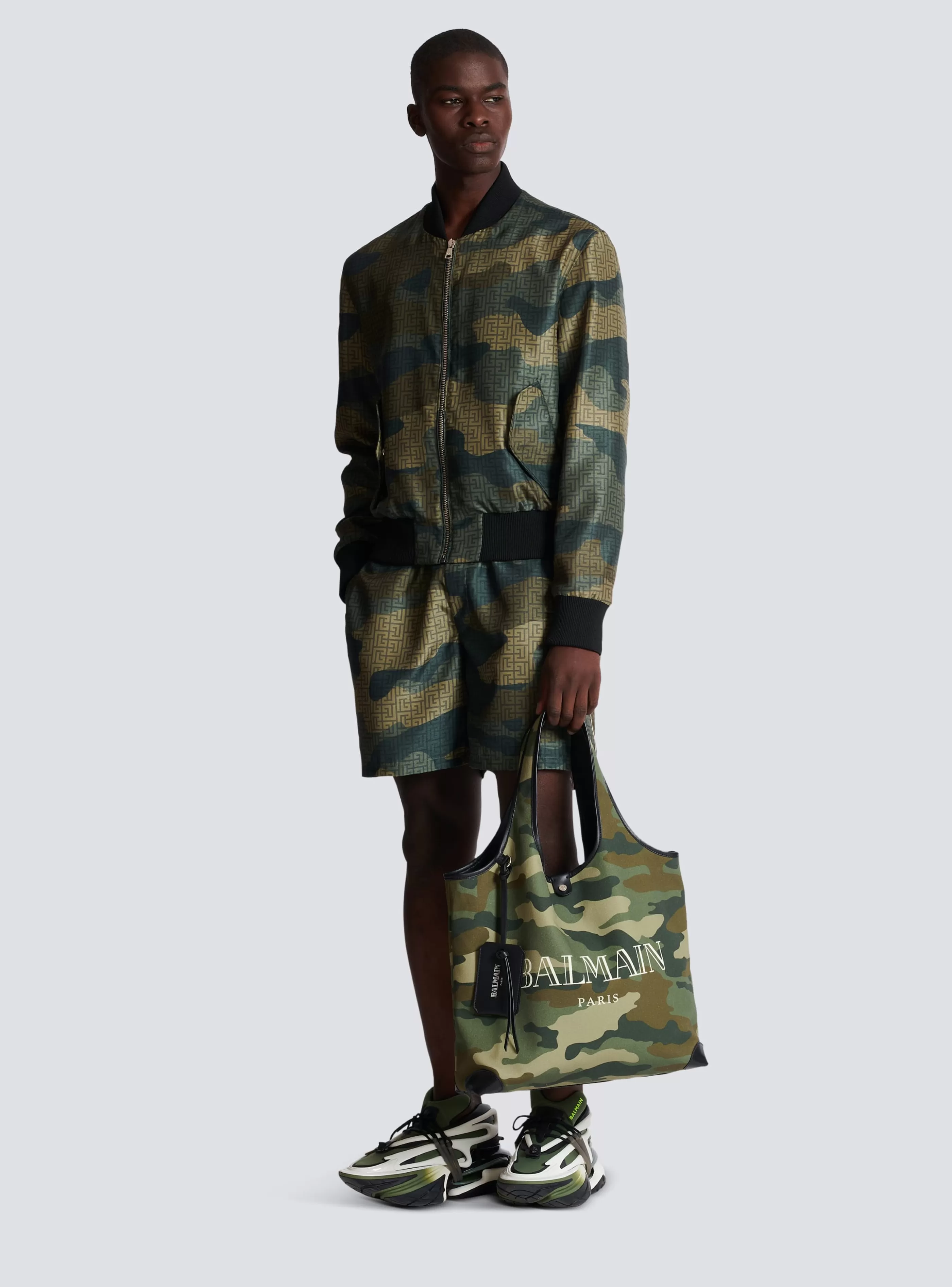 Balmain Capispalla-Camouflage Monogrammed Shantung Bomber Jacket khaki