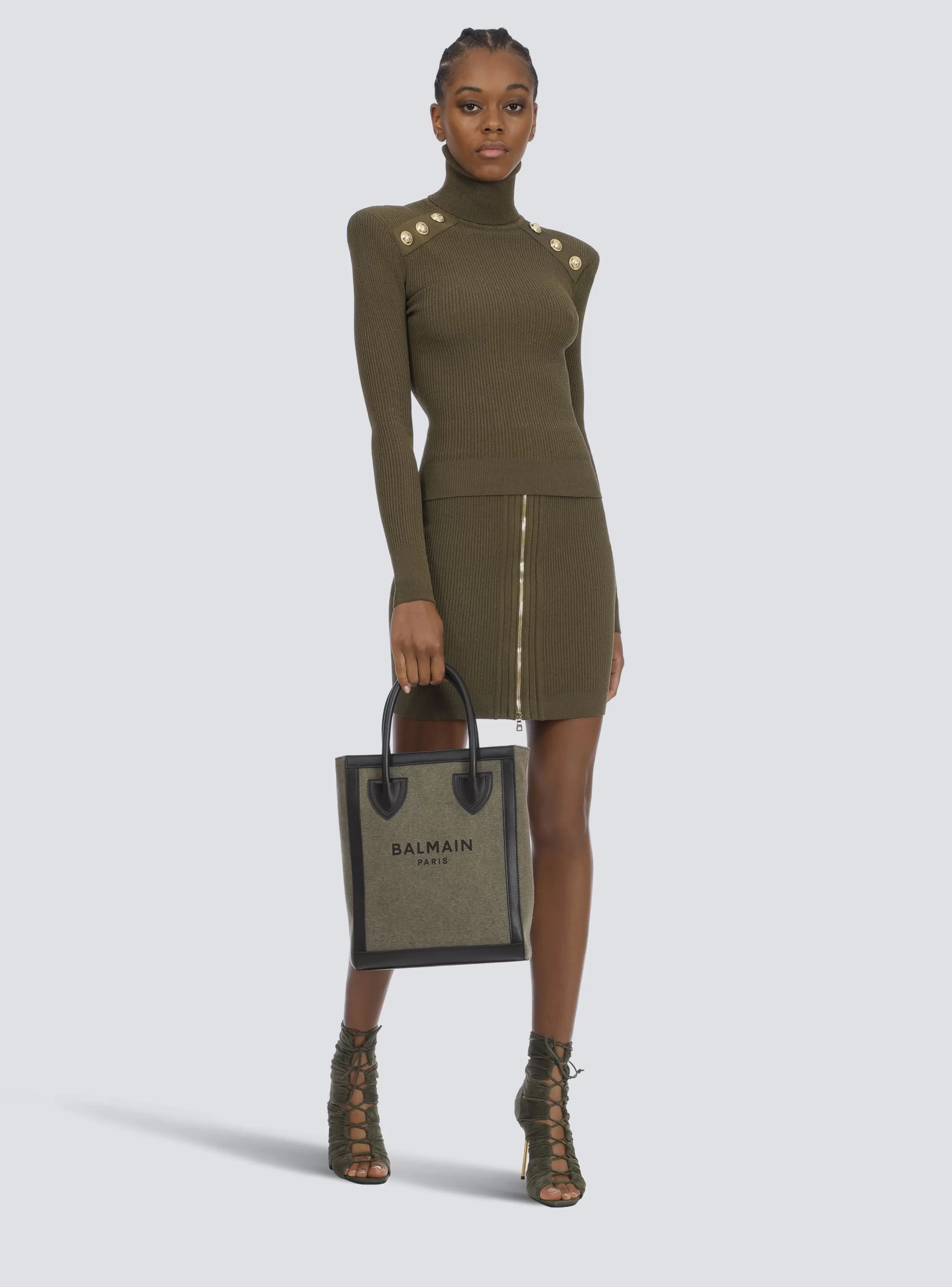 Balmain Shopper | Borse A Tracolla-Canvas B-Army 26 Bag With Leather Panels khaki
