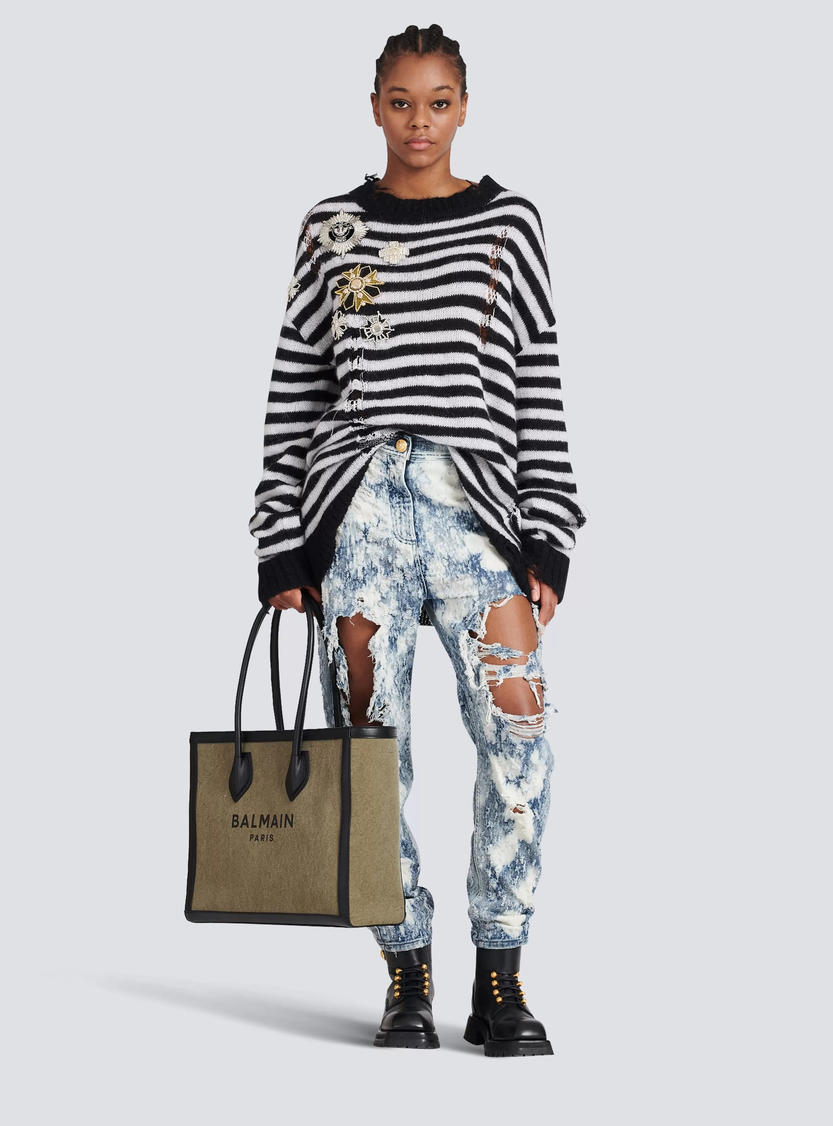 Balmain Shopper | Borse A Spalla-Canvas B-Army 42 Tote With Leather Panels khaki