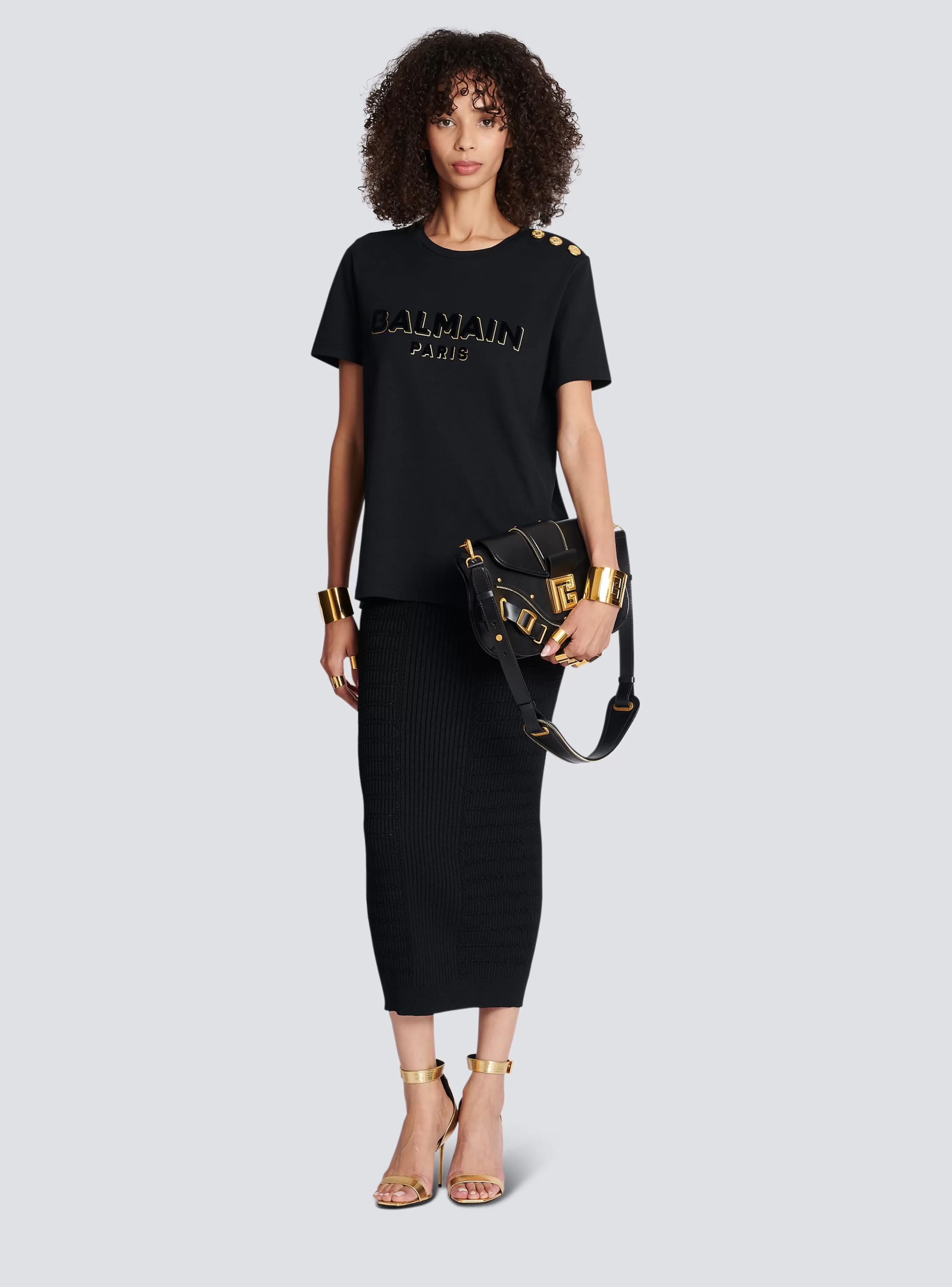 Balmain T-Shirt-Cotton T-shirt With Flocked Metallic Logo black