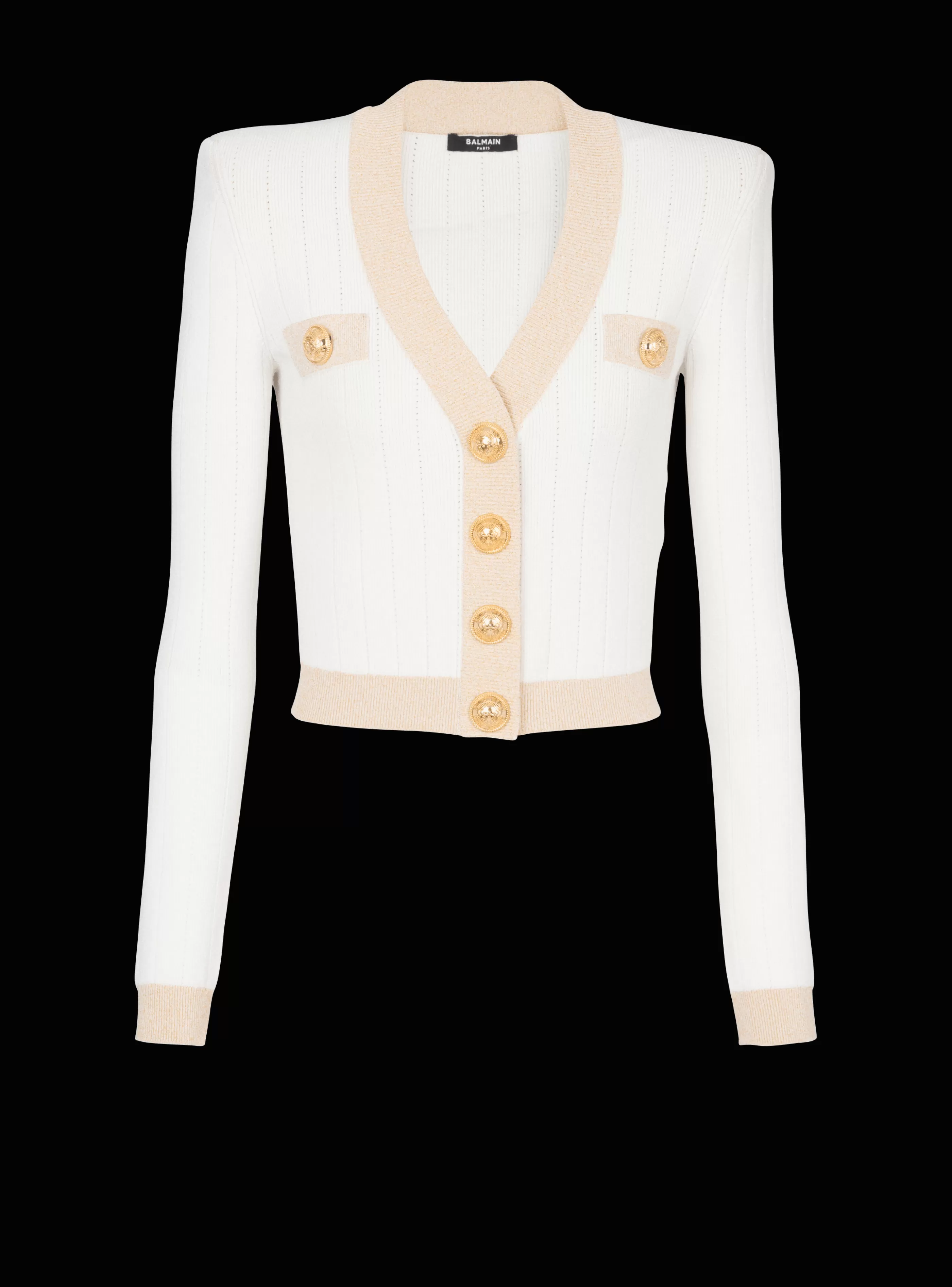 Balmain Maglieria-Cropped Knit Cardigan With Gold Trim white