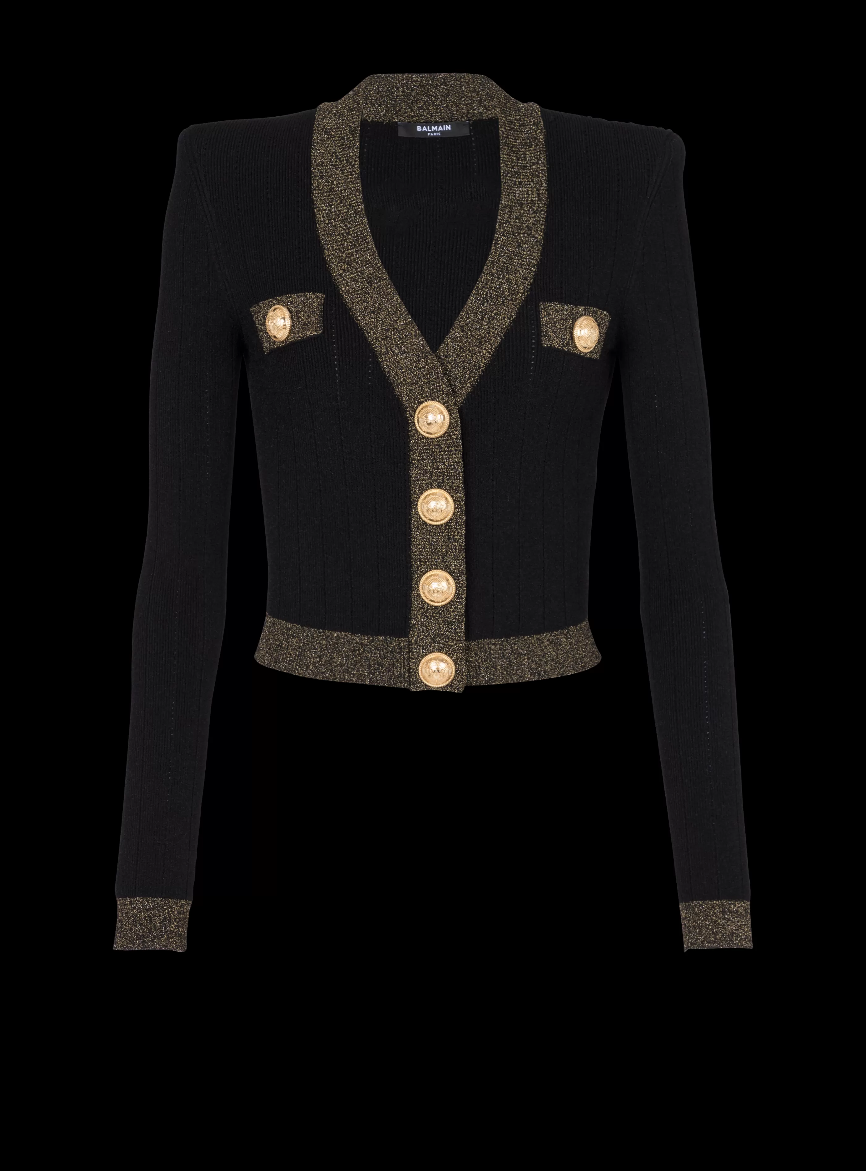 Balmain Maglieria-Cropped Knit Cardigan With Gold Trim black