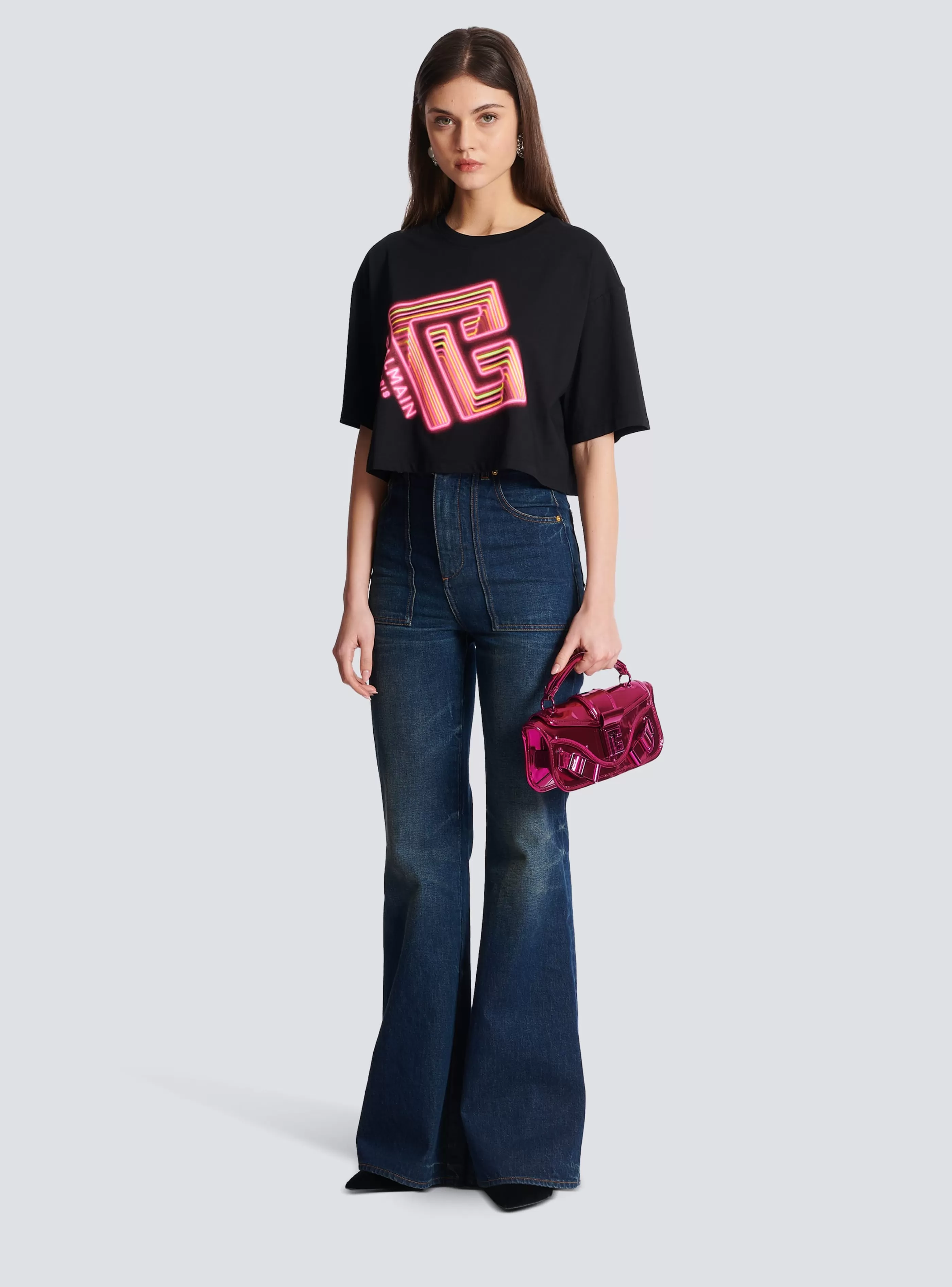 Balmain T-Shirt-Cropped Neon-print T-shirt black