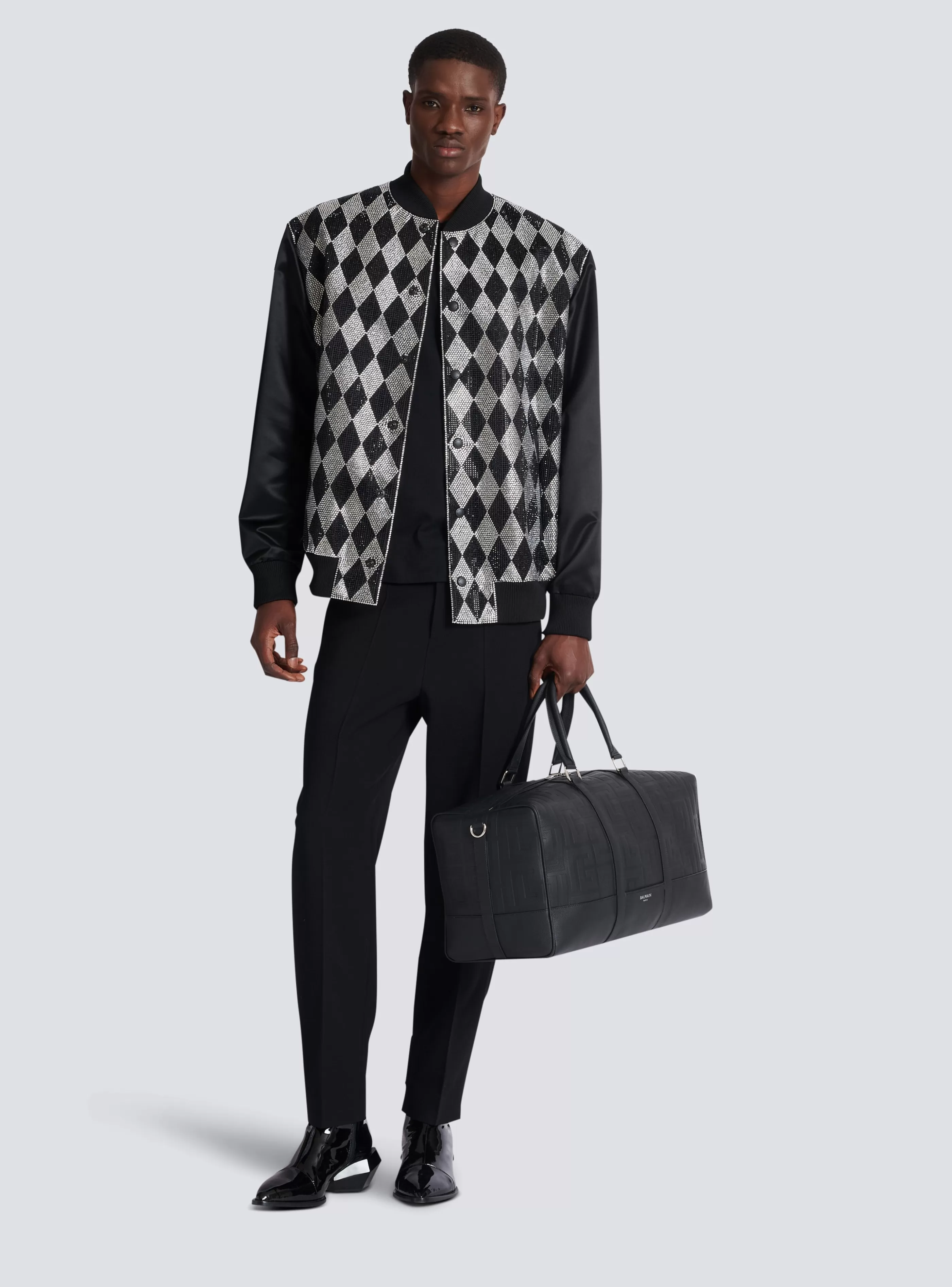 Balmain Capispalla-Diamond Satin Bomber Jacket With Rhinestones black