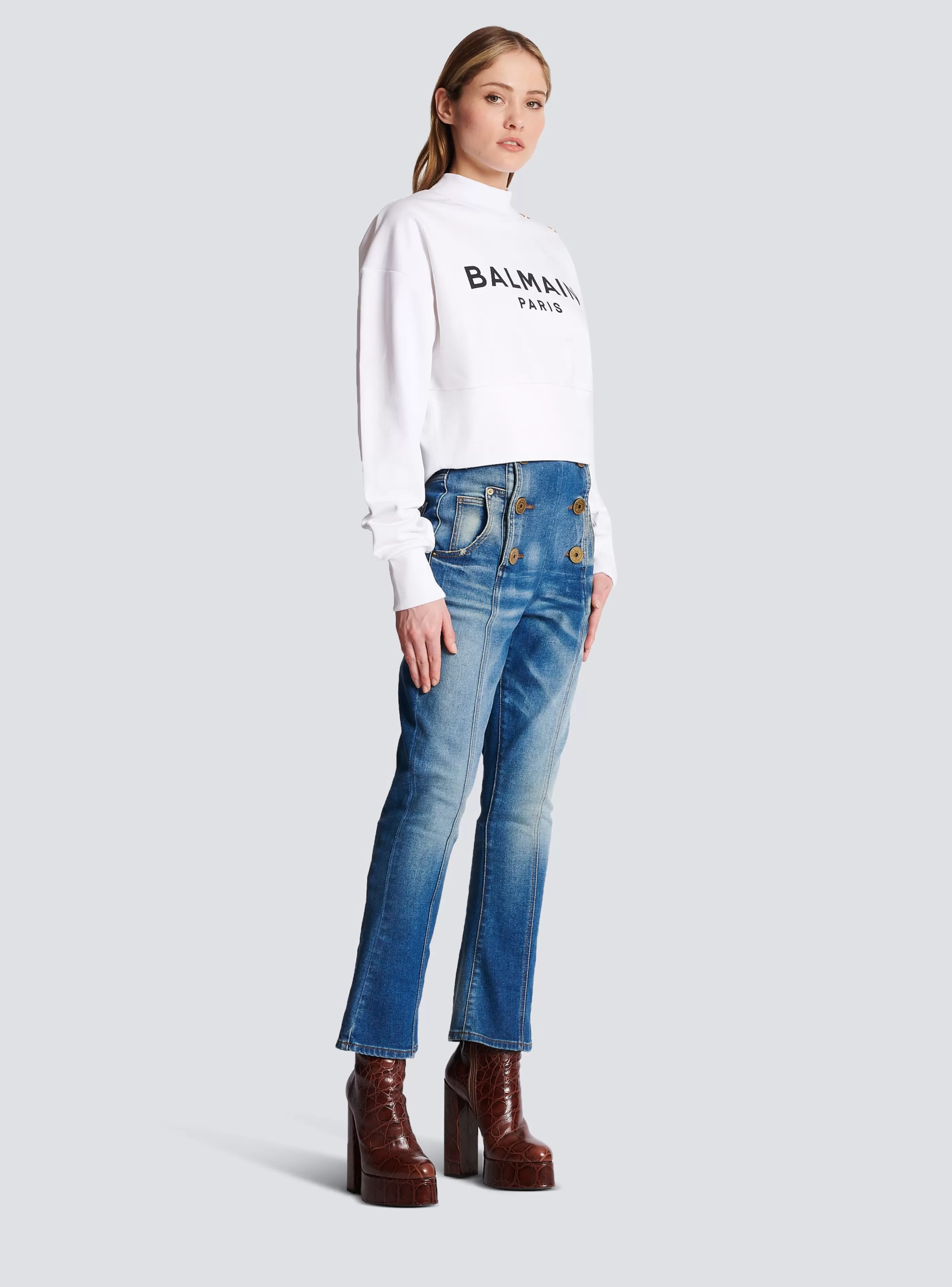 Balmain Felpe-Eco-responsible Cotton Cropped Sweatshirt With Logo Print white