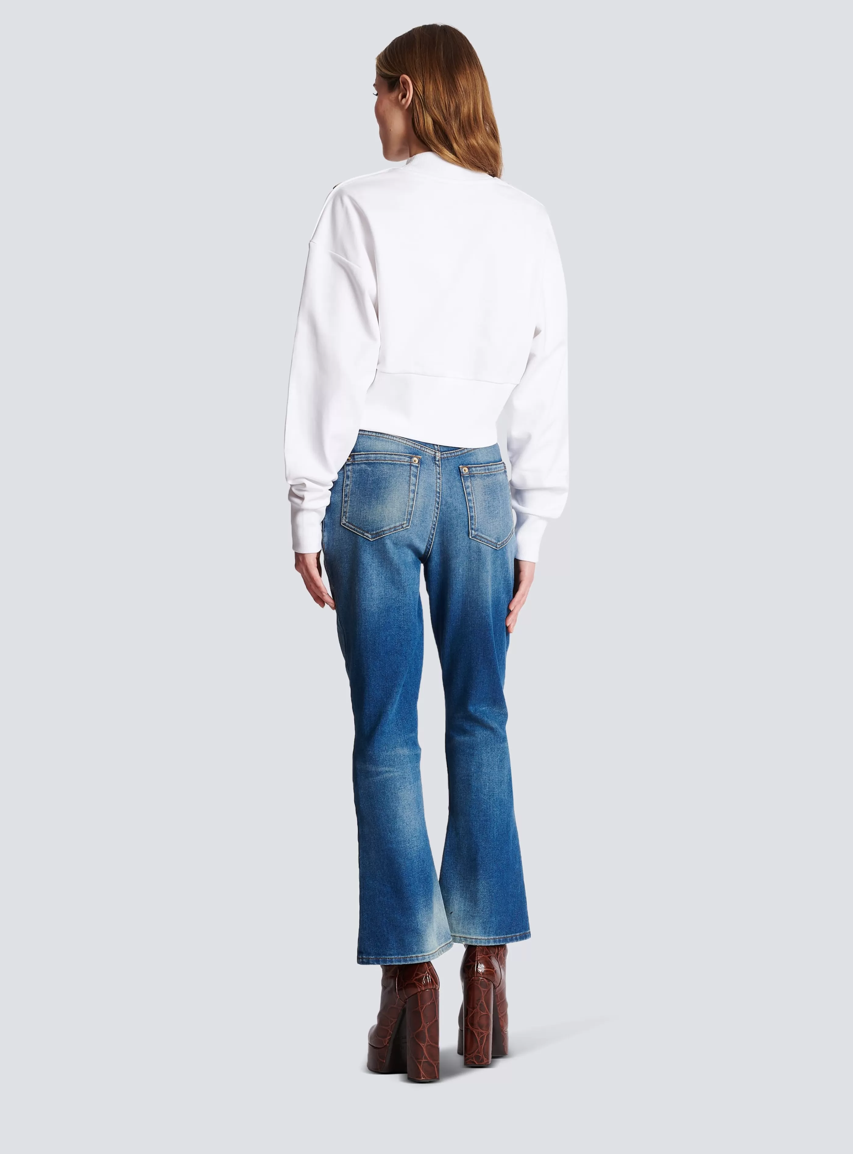 Balmain Felpe-Eco-responsible Cotton Cropped Sweatshirt With Logo Print white