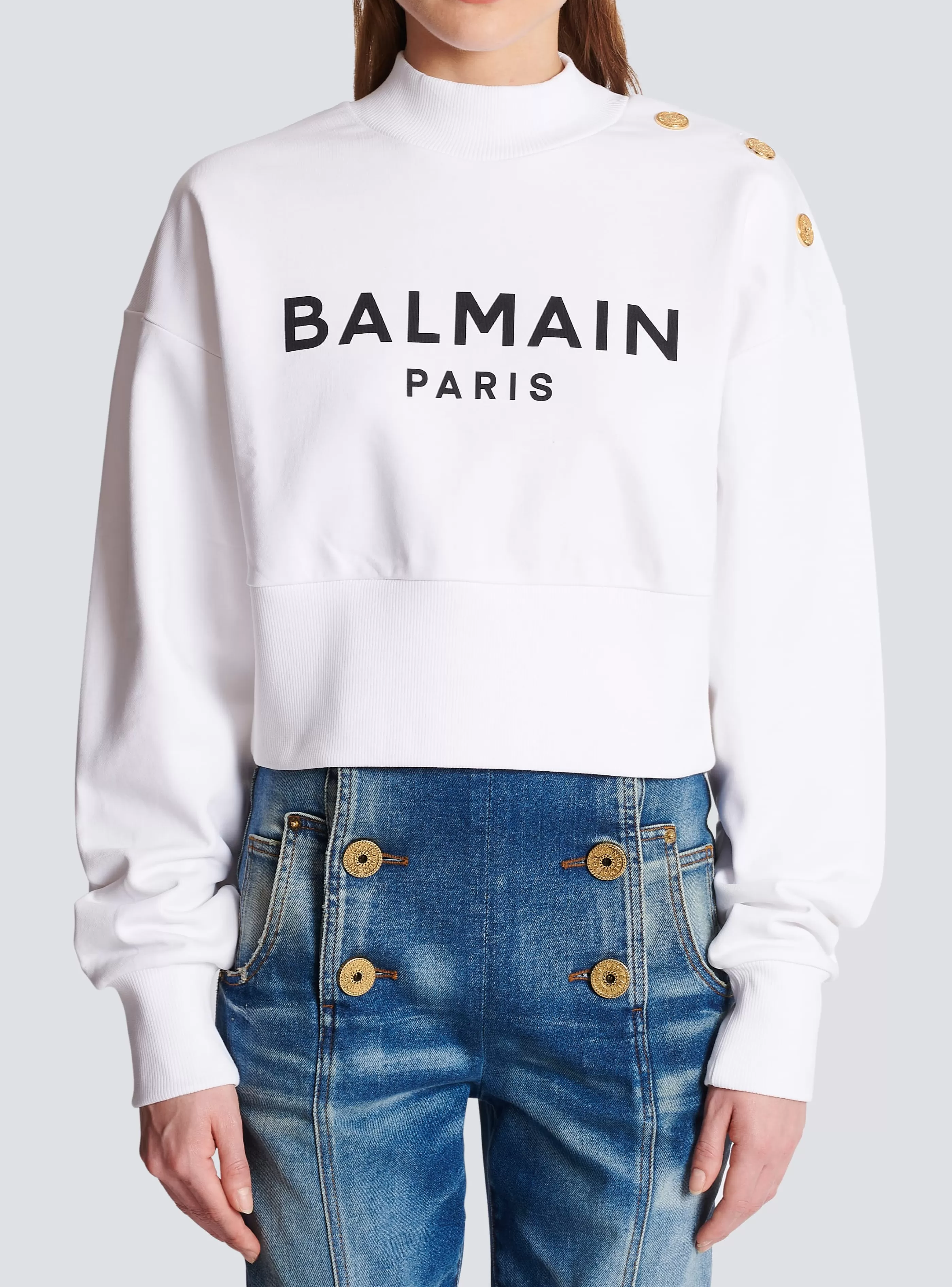 Balmain Felpe-Eco-responsible Cotton Cropped Sweatshirt With Logo Print white