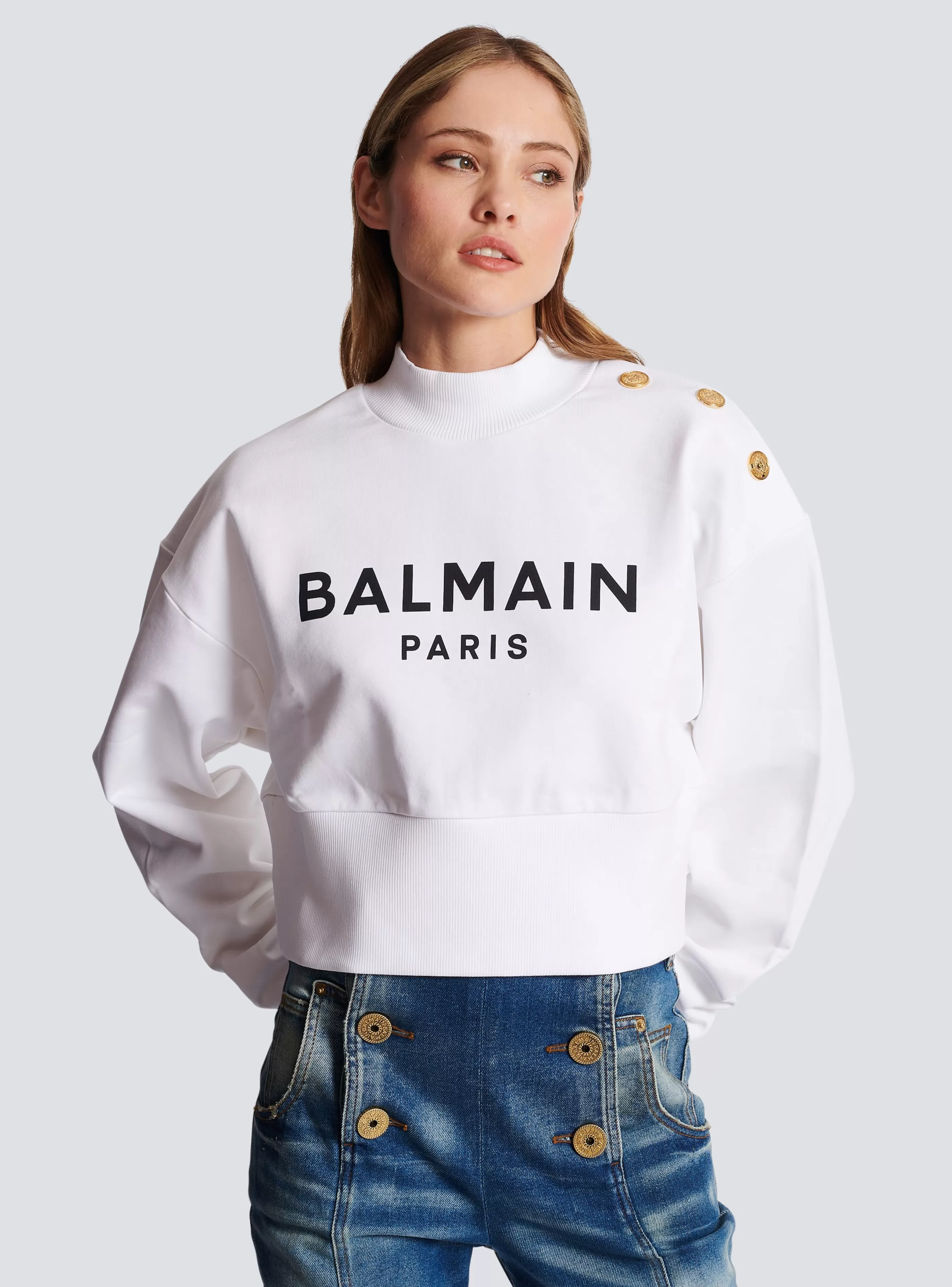 Balmain Felpe-Eco-responsible Cotton Cropped Sweatshirt With Logo Print white