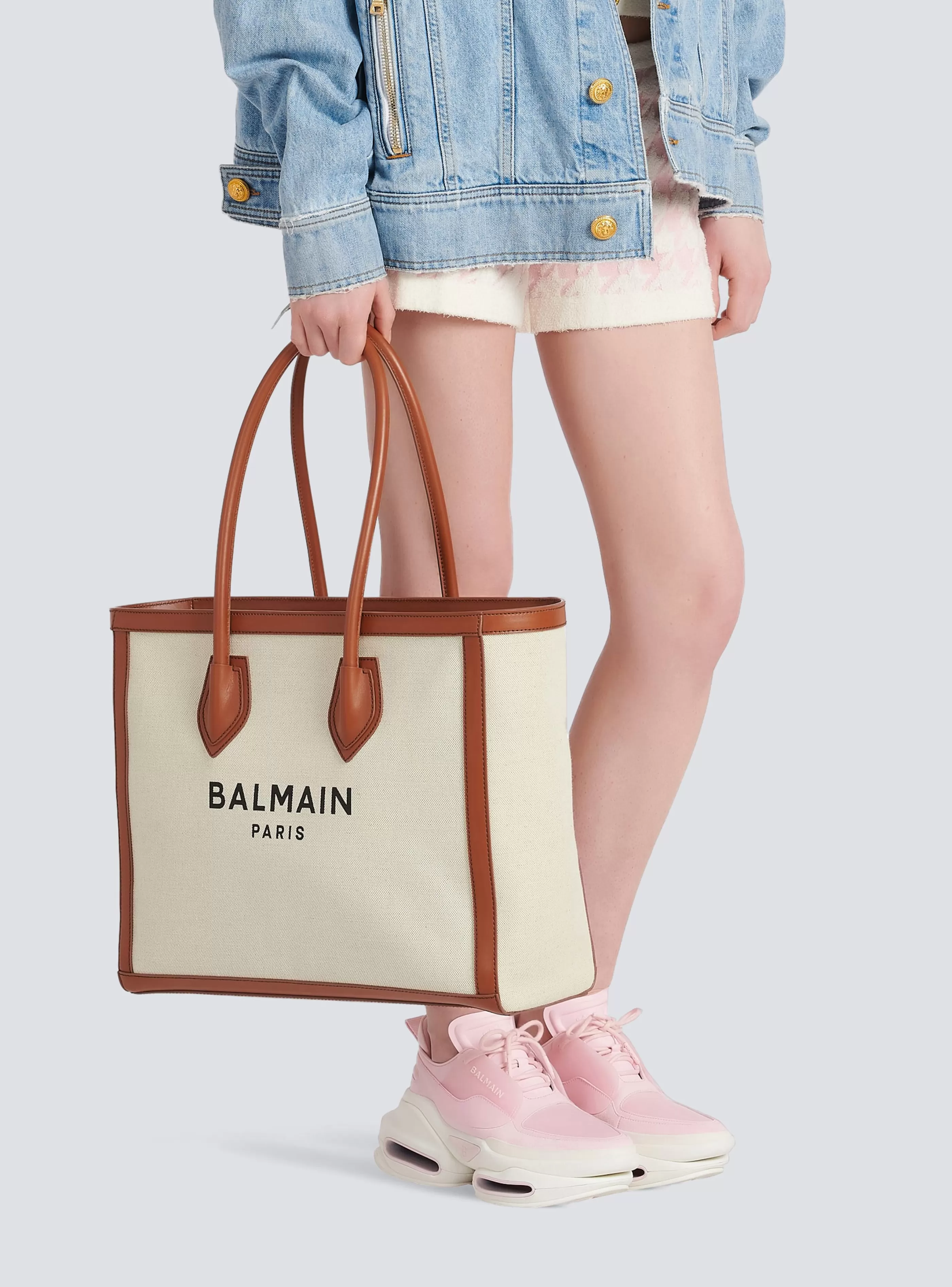 Balmain Shopper | Borse A Spalla-Ecru Canvas B-Army 42 Tote Bag With Brown Leather Panels beige