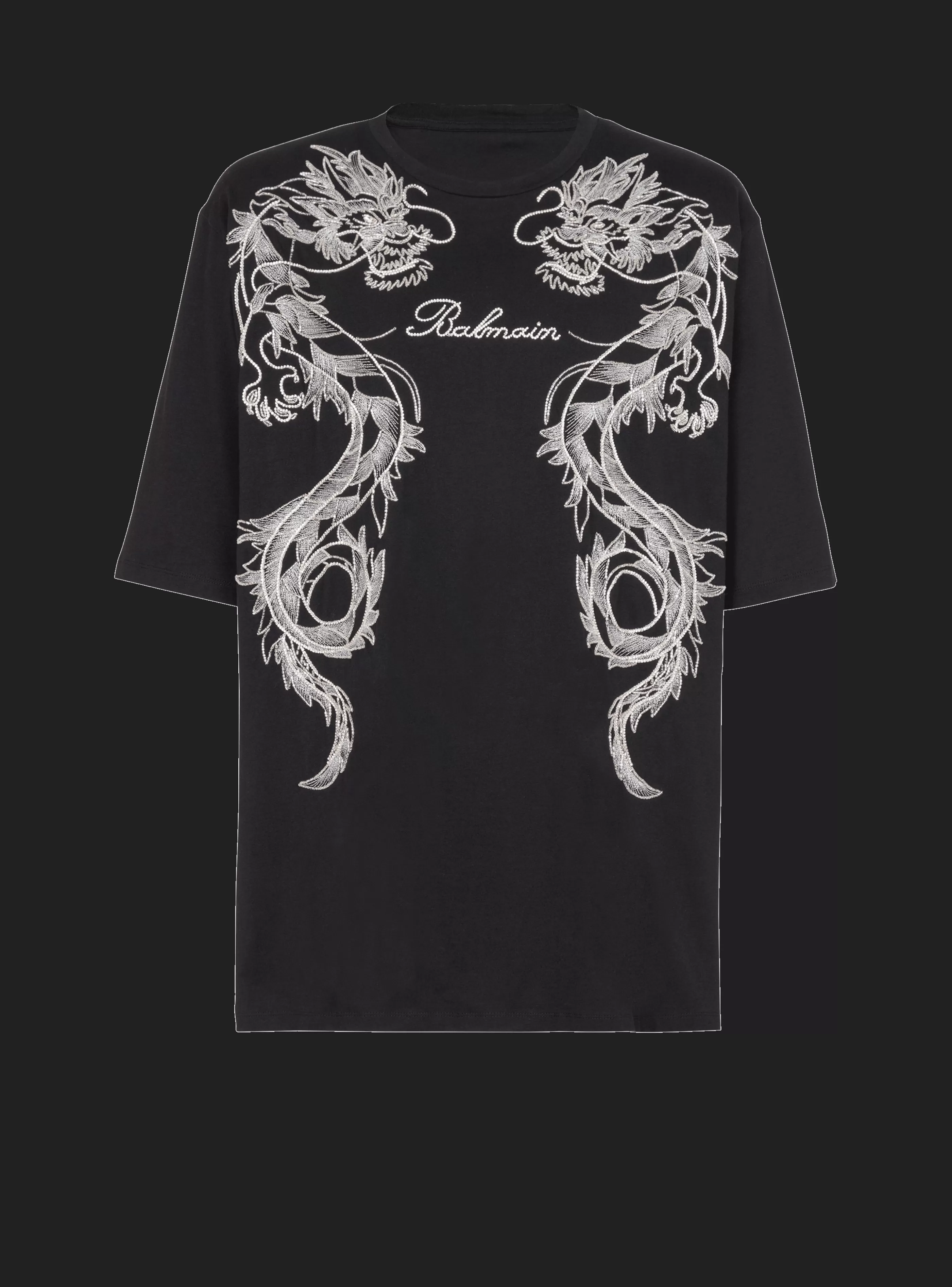 Balmain T-Shirts-Embroidered Dragon T-shirt With Rhinestones black