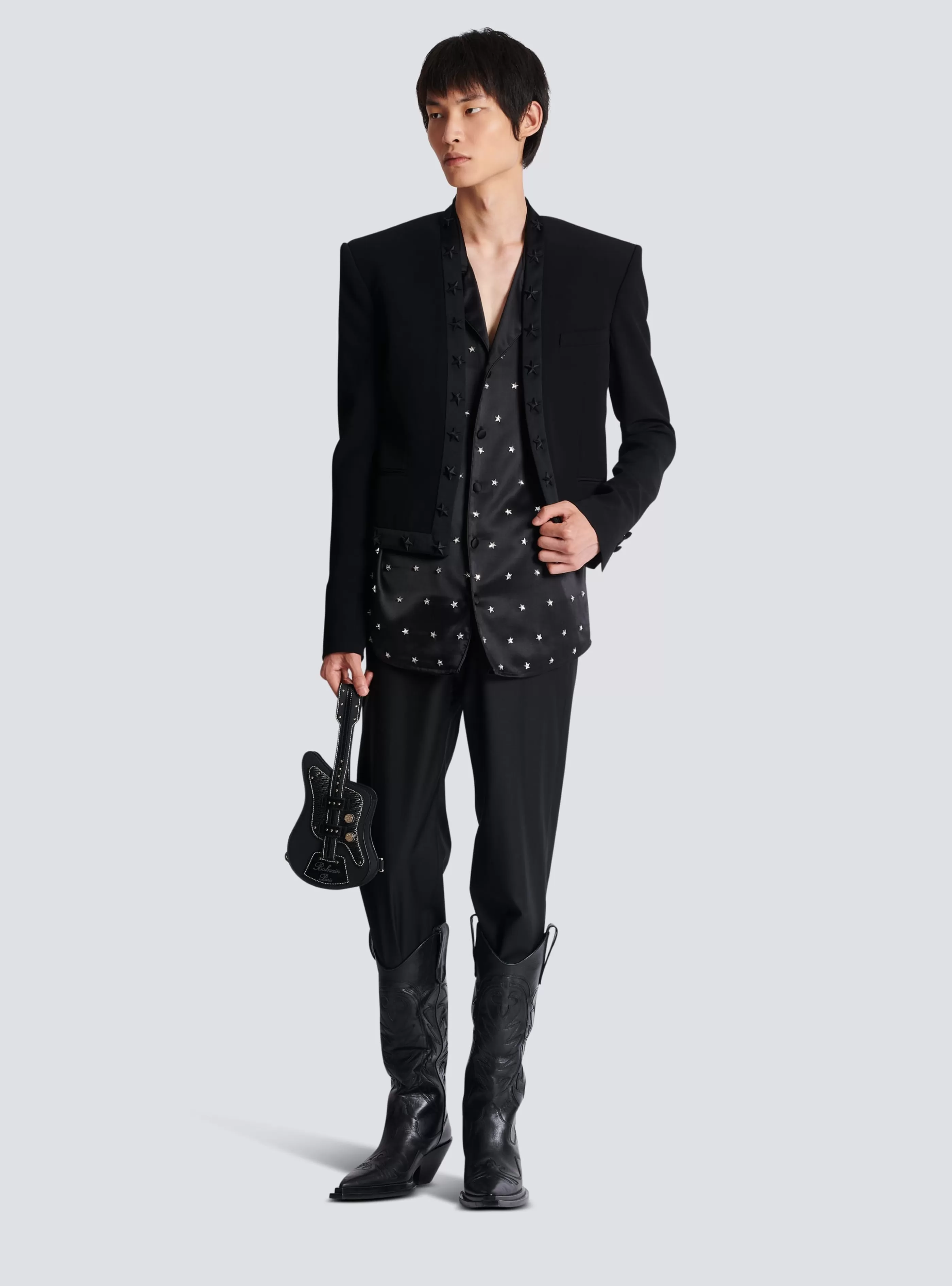 Balmain Camicie E Polo-Embroidered Silk Stars Shirt black