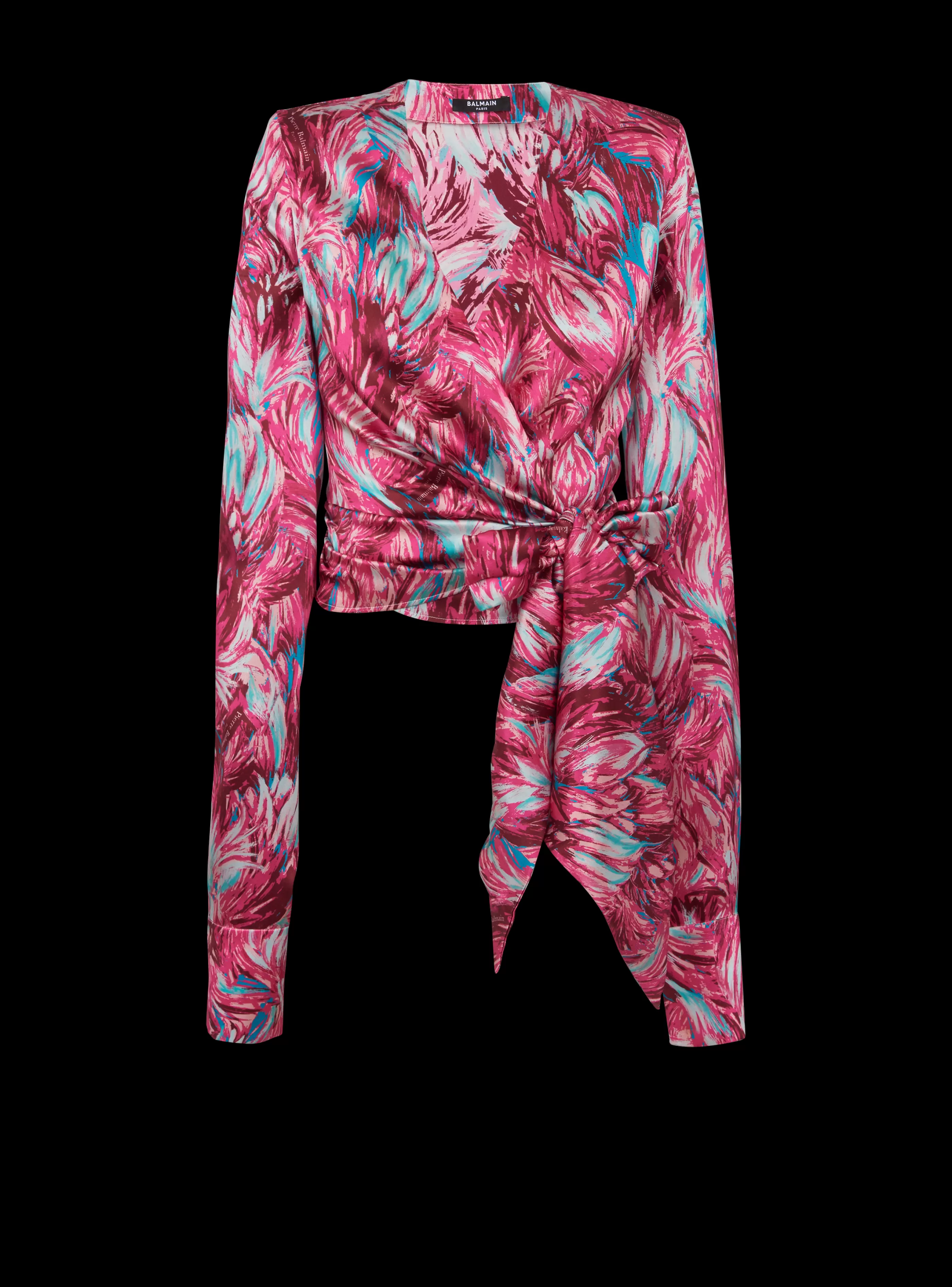 Balmain Top E Camicie-Feather Print Satin Wrap Blouse pink
