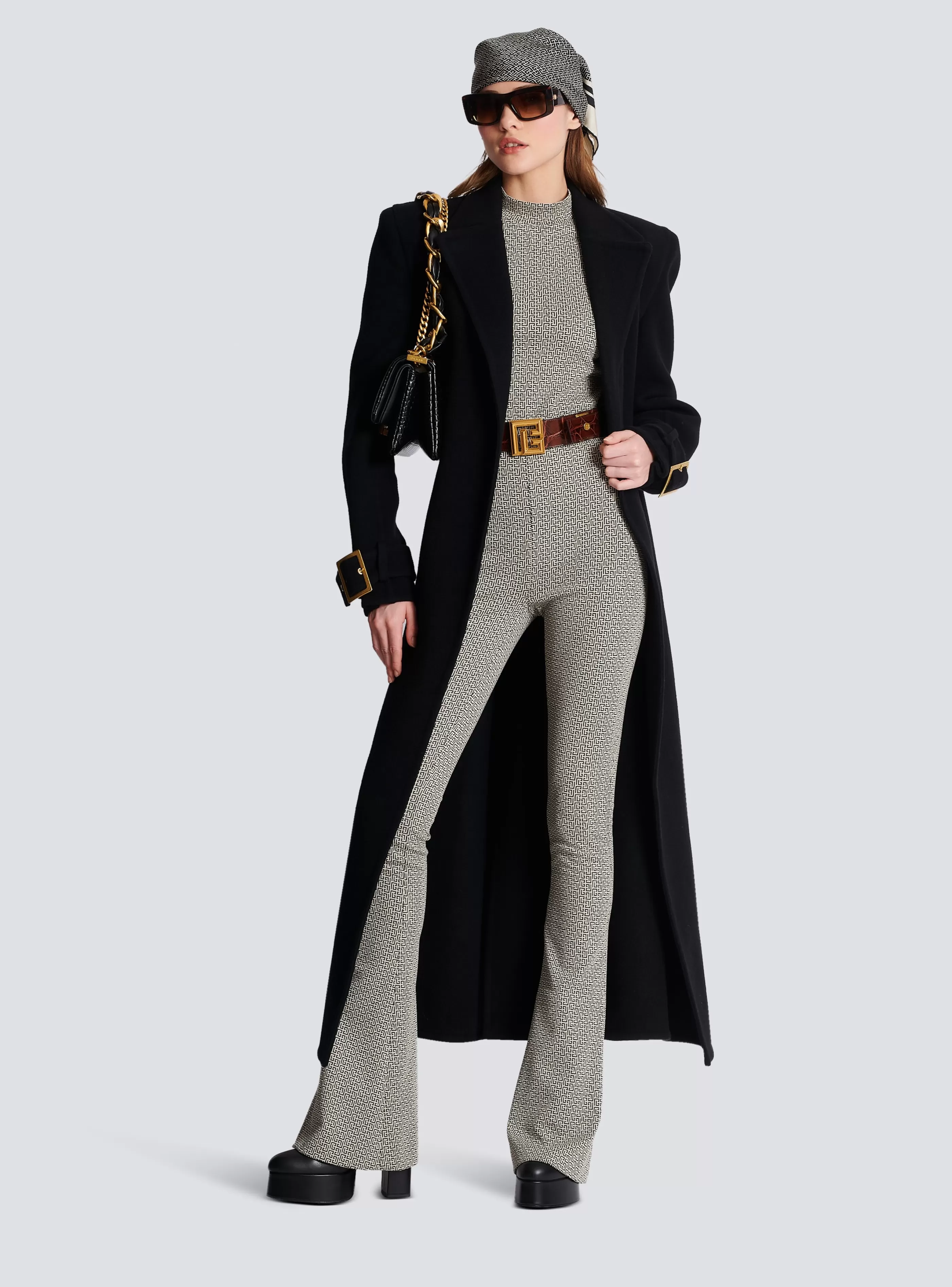 Balmain Pantaloni E Pantaloncini-Flared Monogrammed Jacquard Trousers black