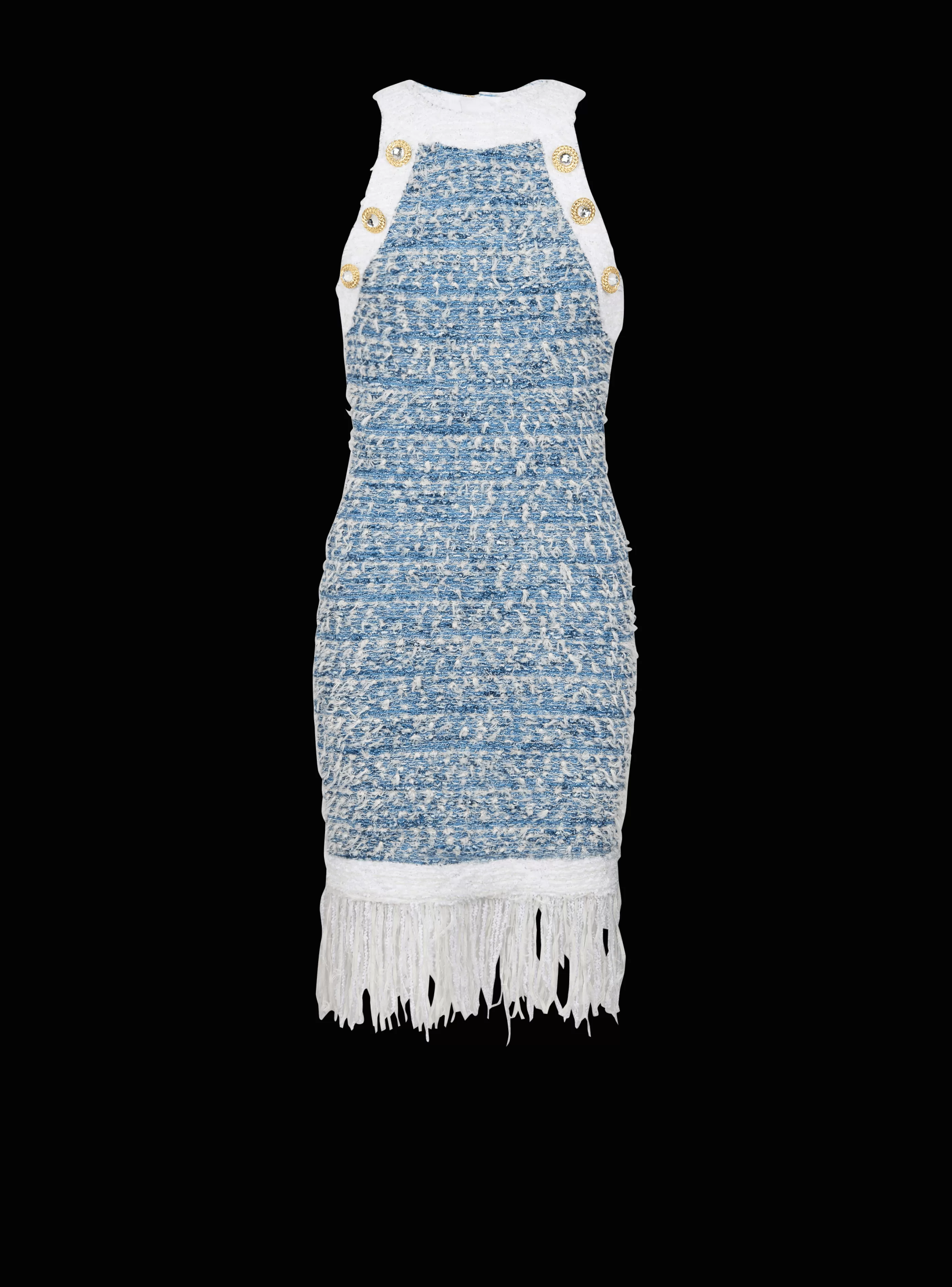 Balmain Abiti-Fringed Denim Tweed Dress blue