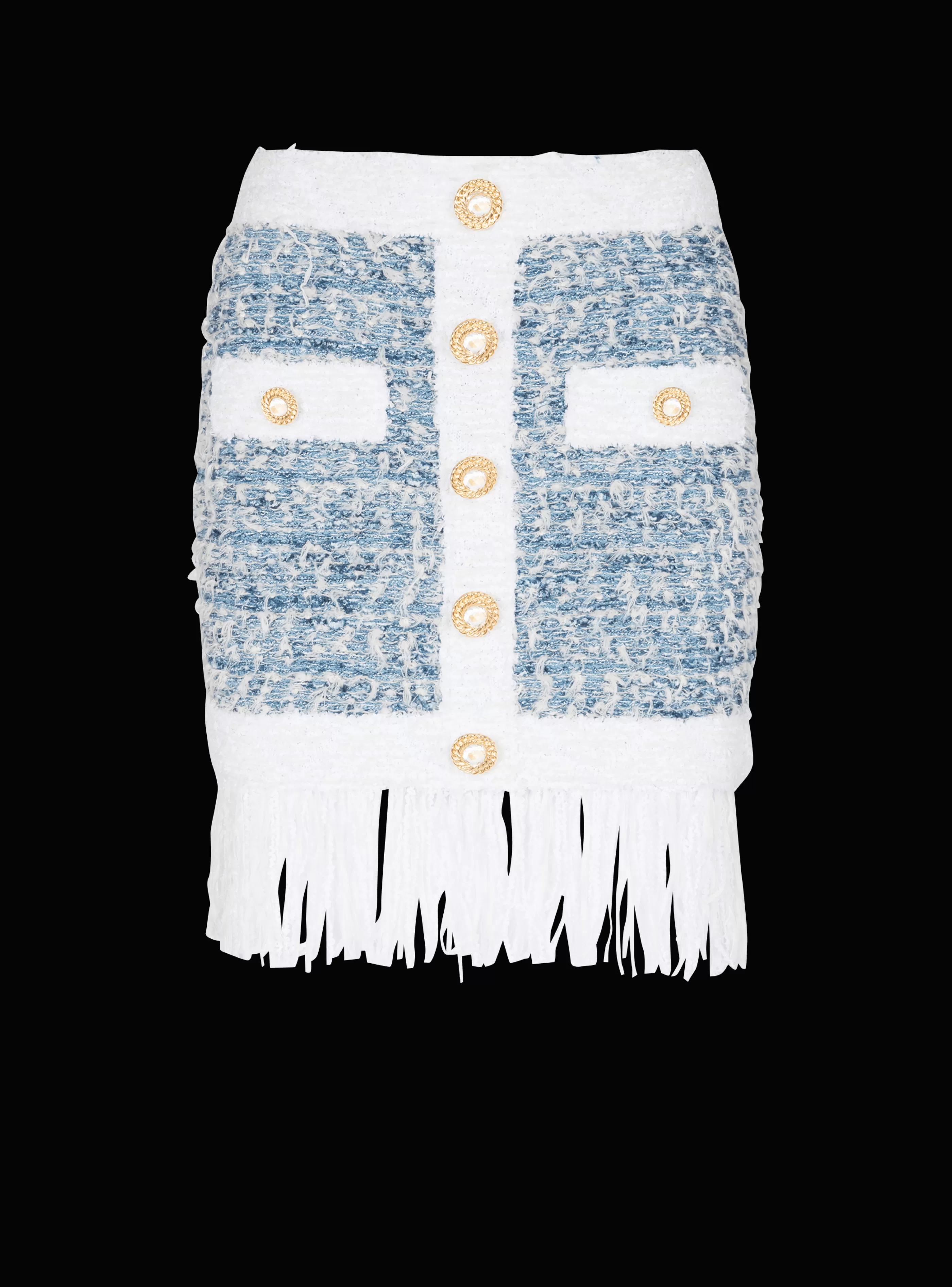Balmain Gonne-Fringed Denim Tweed Skirt blue