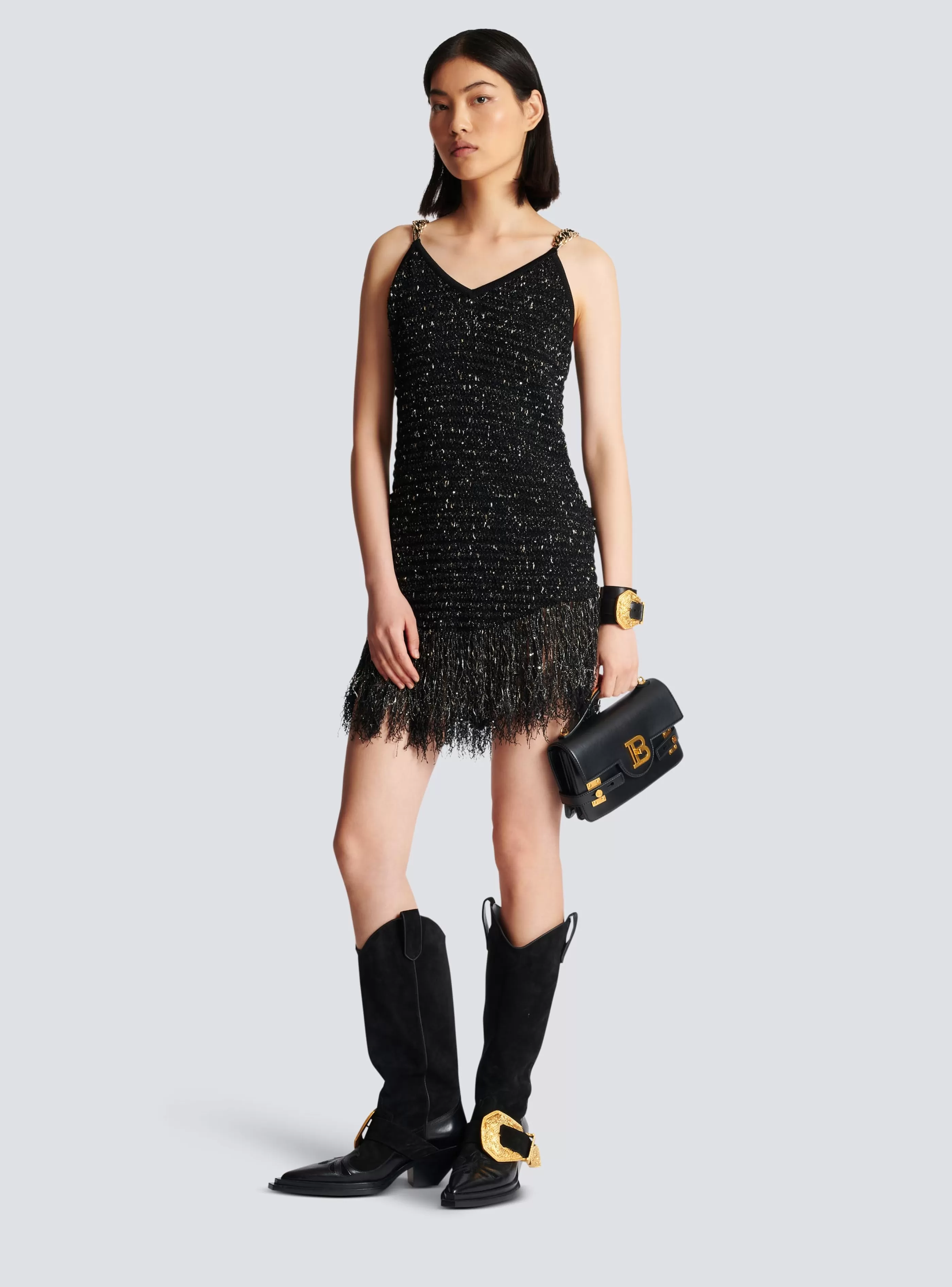 Balmain Abiti-Fringed Lurex Tweed Dress black