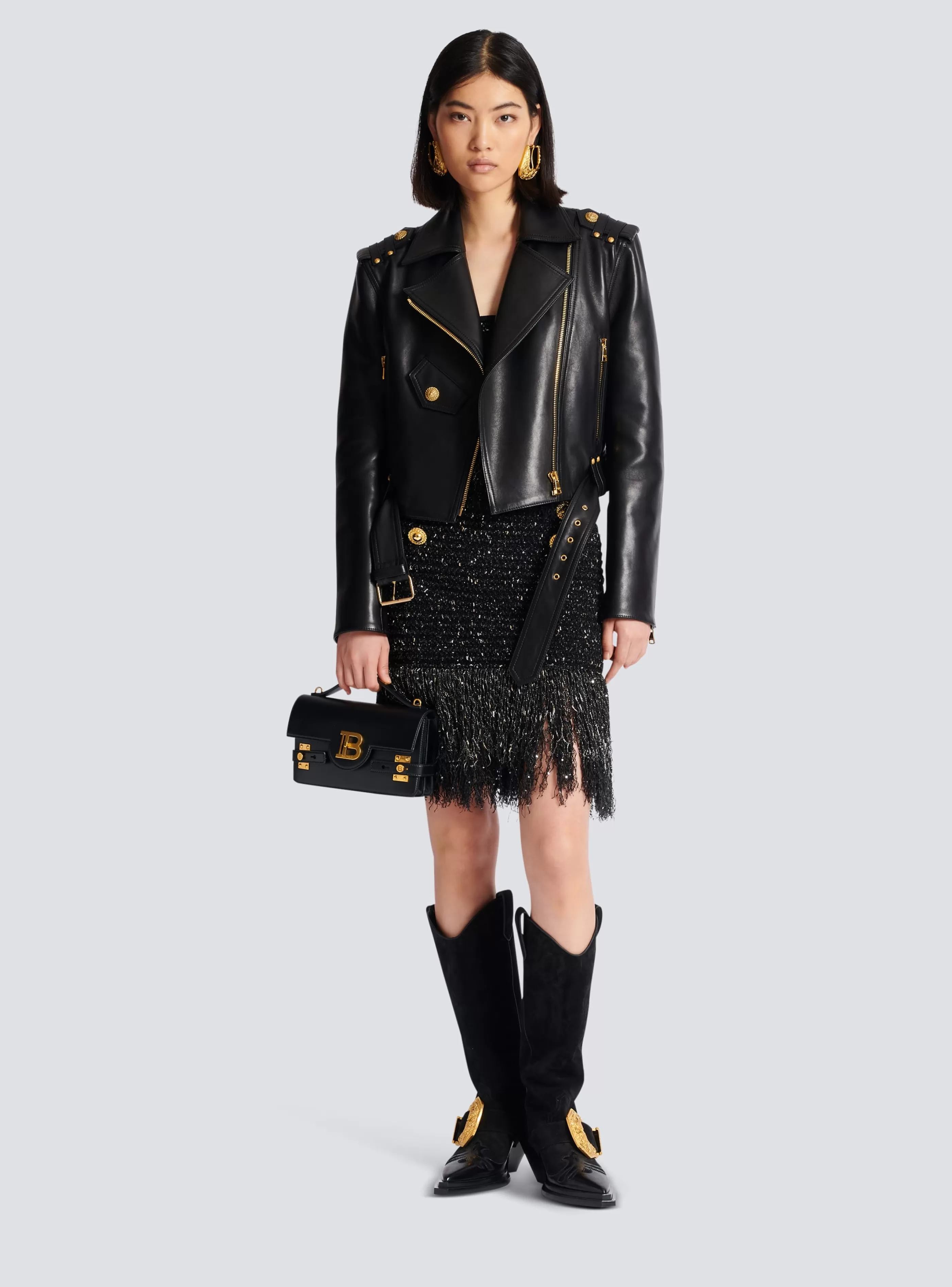 Balmain Gonne-Fringed Lurex Tweed Skirt black