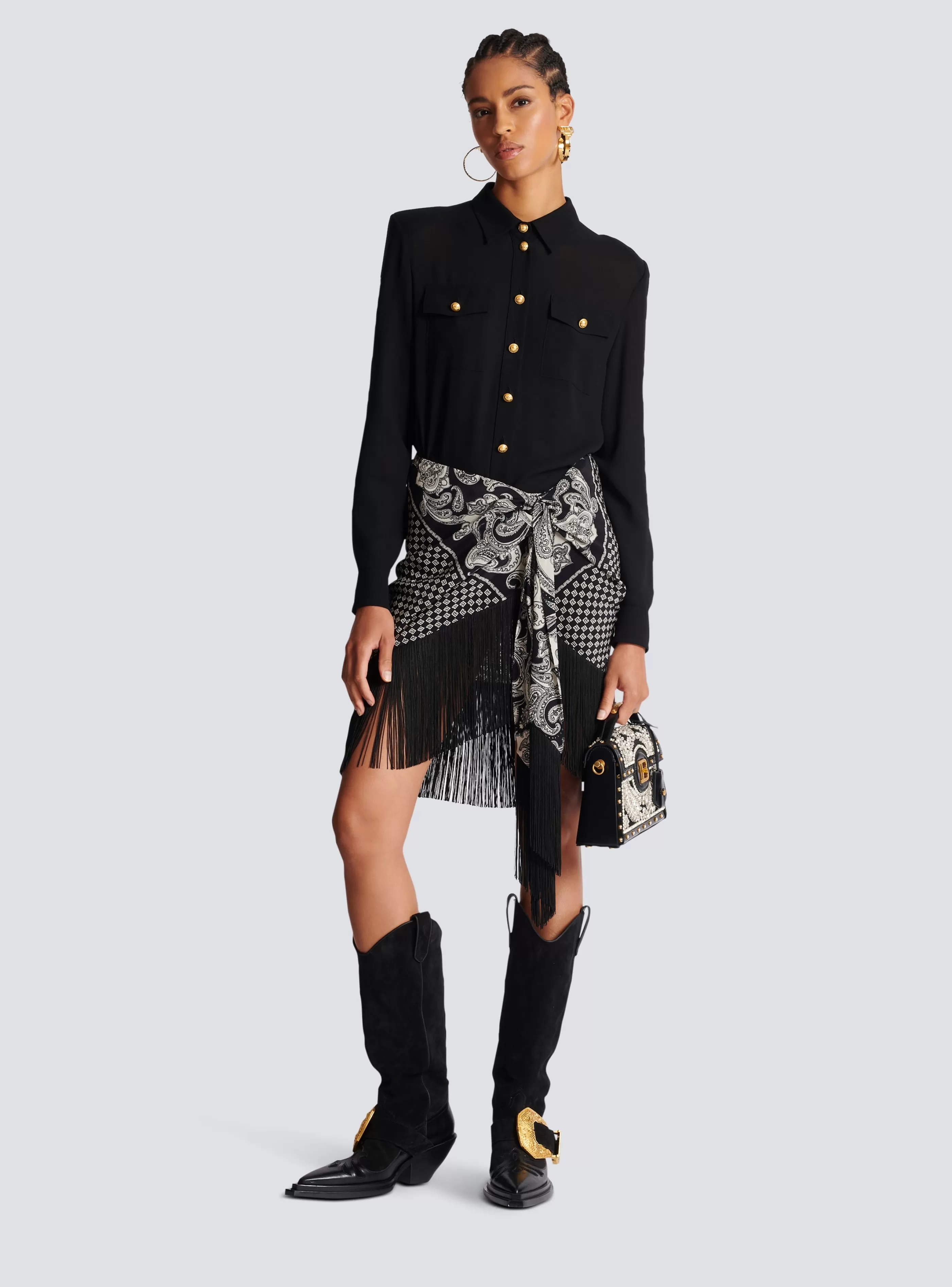 Balmain Gonne-Fringed Silk Scarf Skirt black