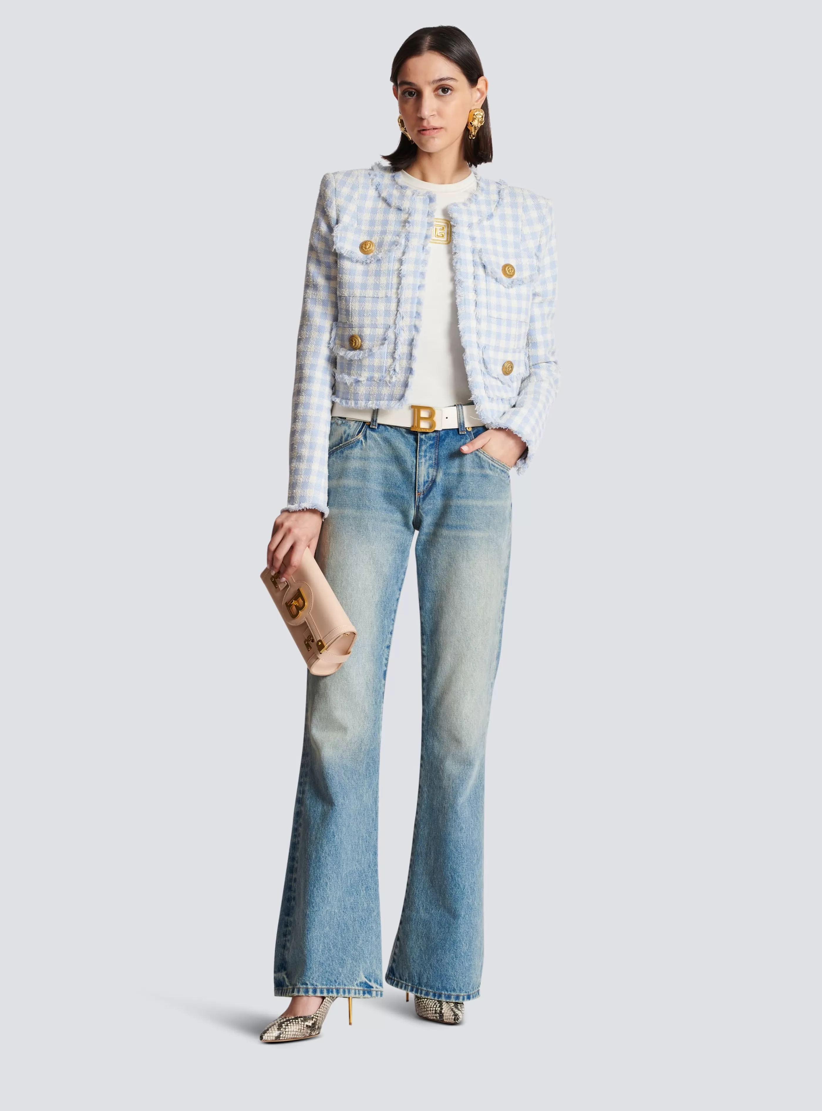 Balmain Giacche E Blazer-Gingham Tweed Jacket blue