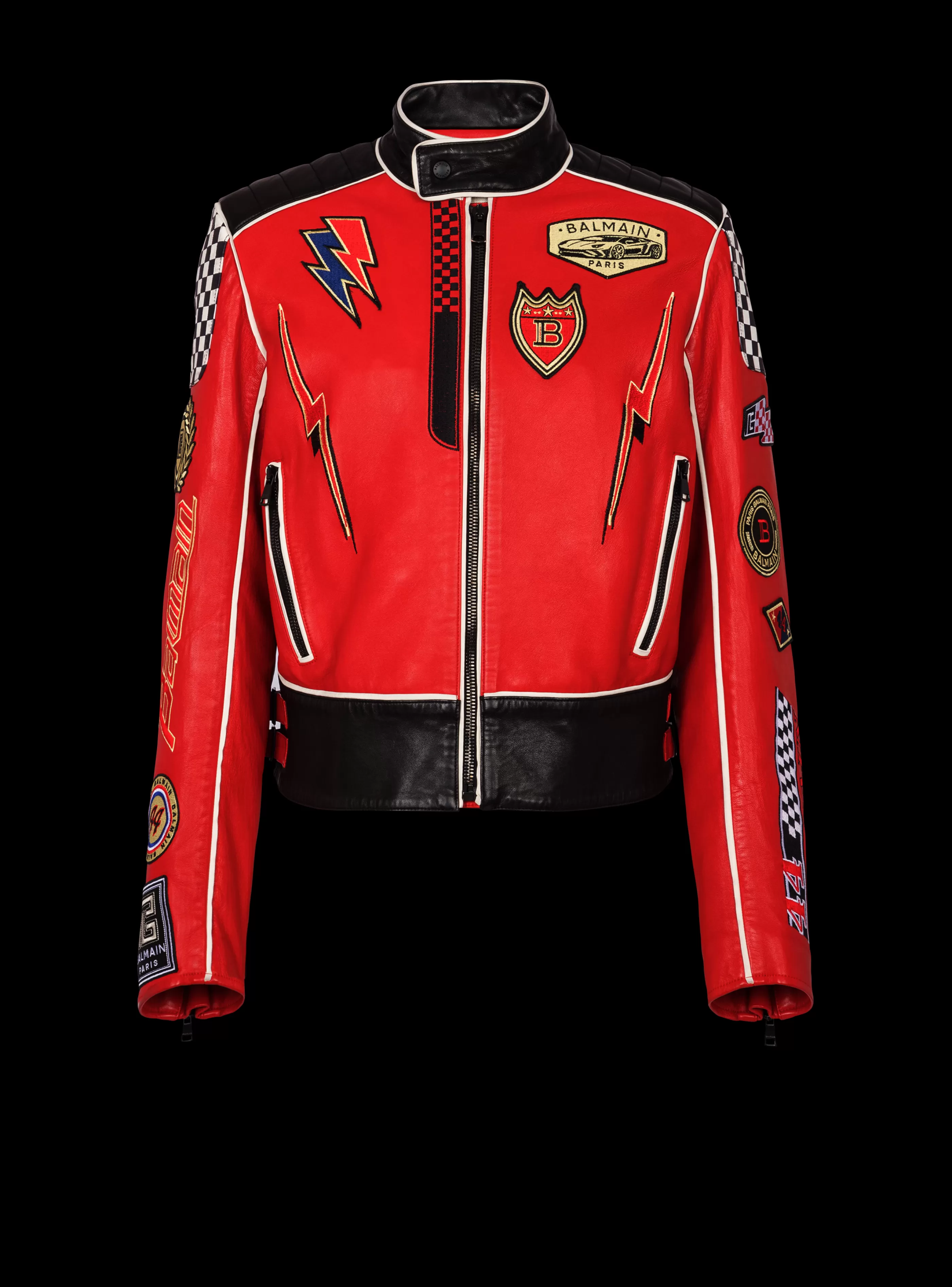 Balmain Capispalla-Lambskin Jacket With Racing Patches red