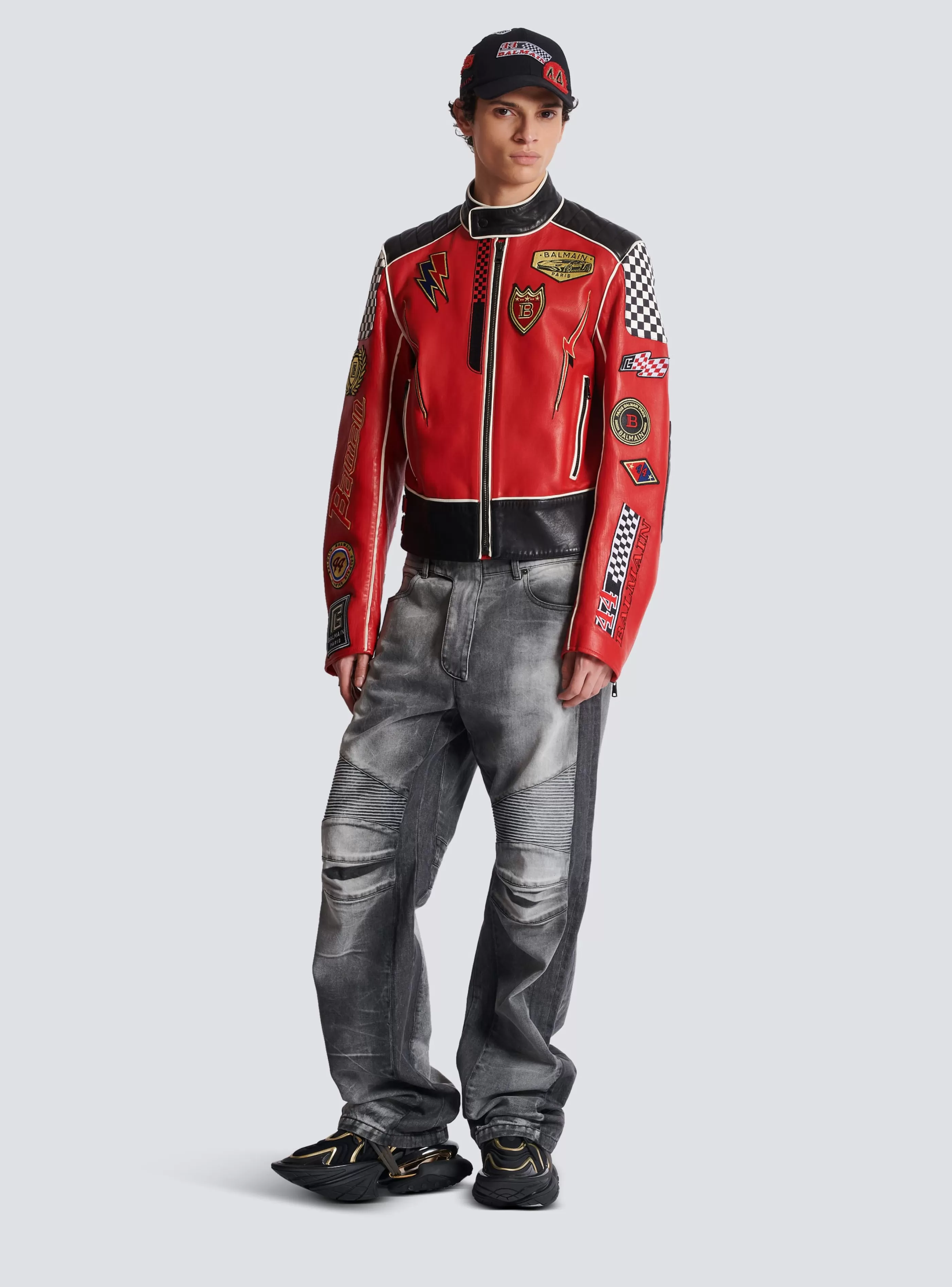 Balmain Capispalla-Lambskin Jacket With Racing Patches red