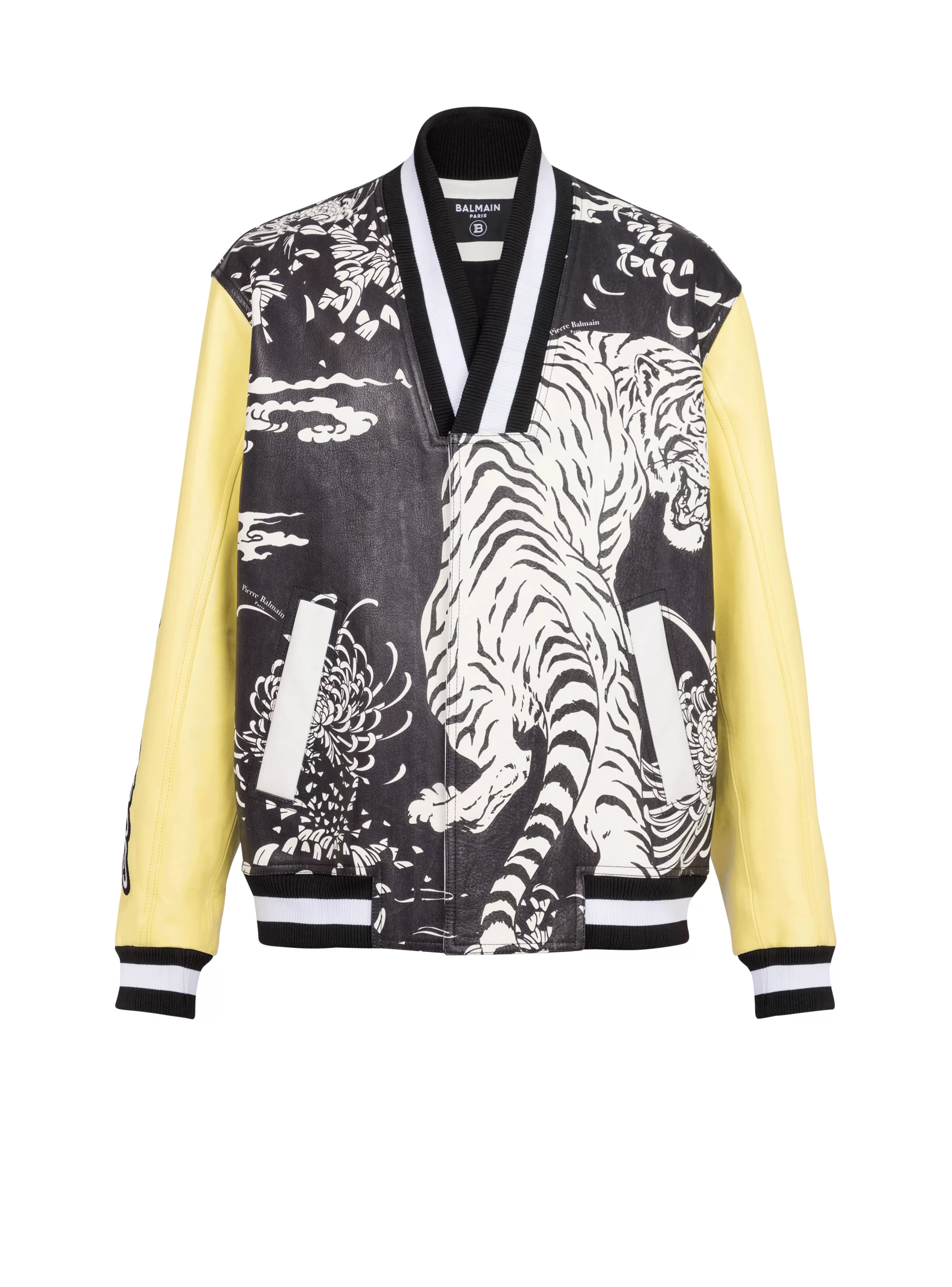 Balmain Capispalla-Leather Varsity Jacket With Tiger Print multicolor