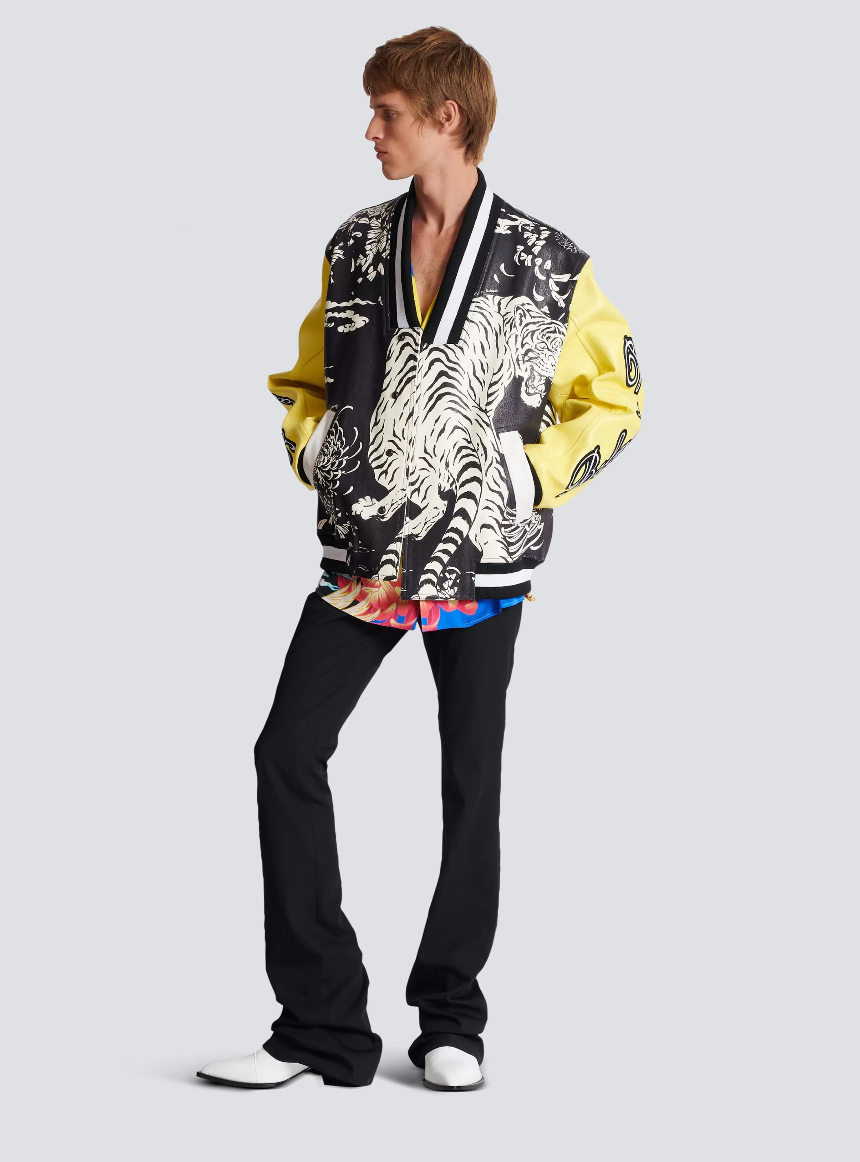 Balmain Capispalla-Leather Varsity Jacket With Tiger Print multicolor
