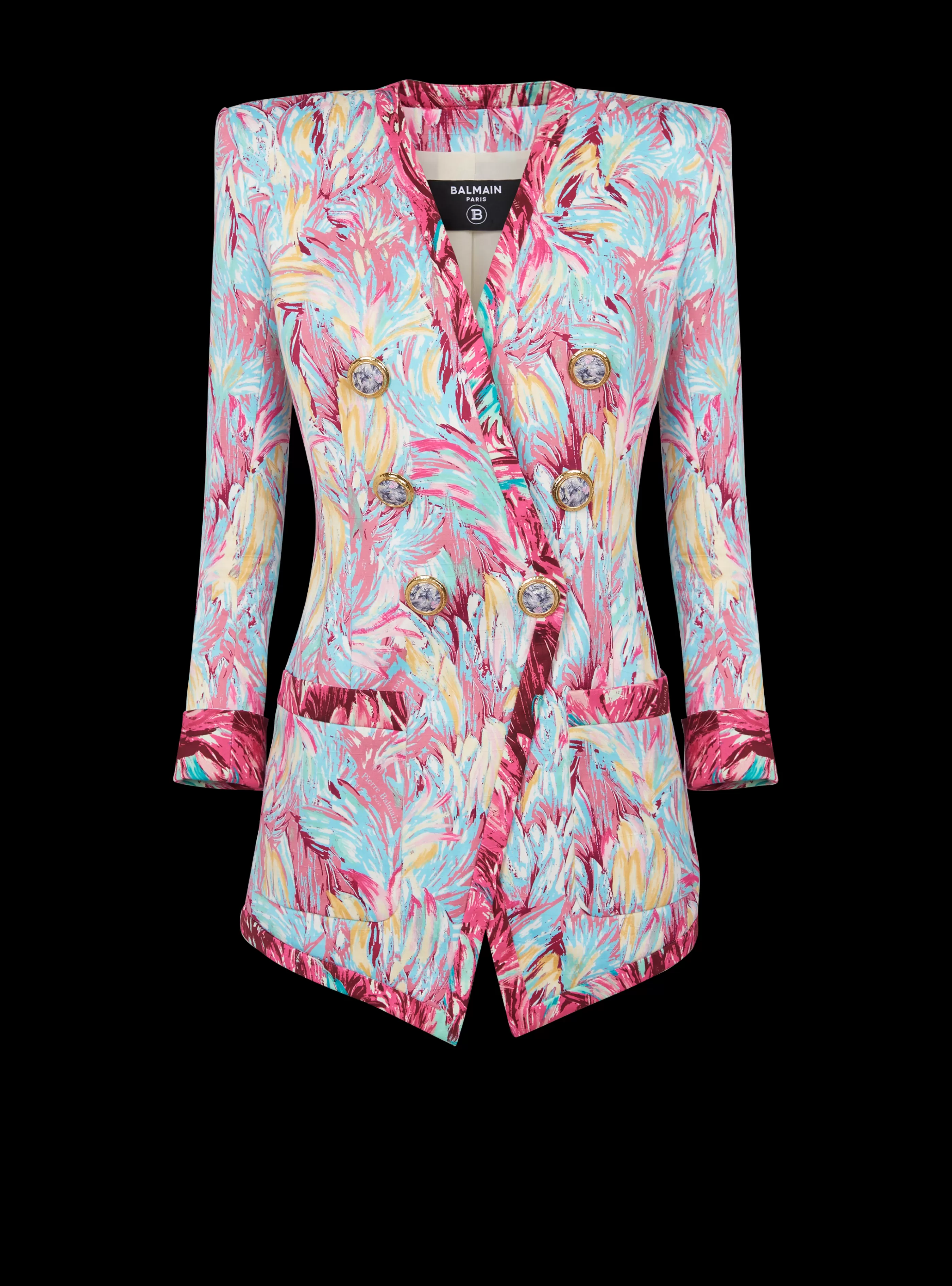 Balmain Giacche E Blazer-Long 6-button Jacket With Feather Print multicolor
