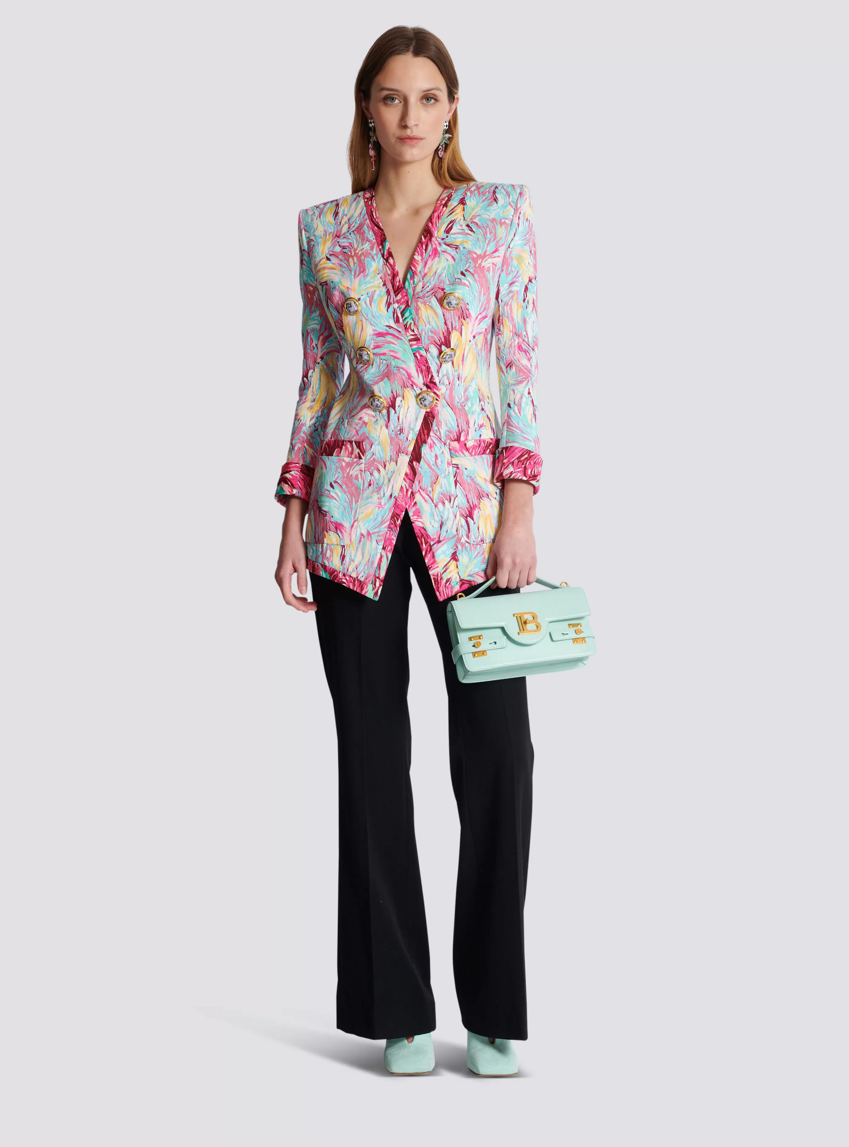 Balmain Giacche E Blazer-Long 6-button Jacket With Feather Print multicolor