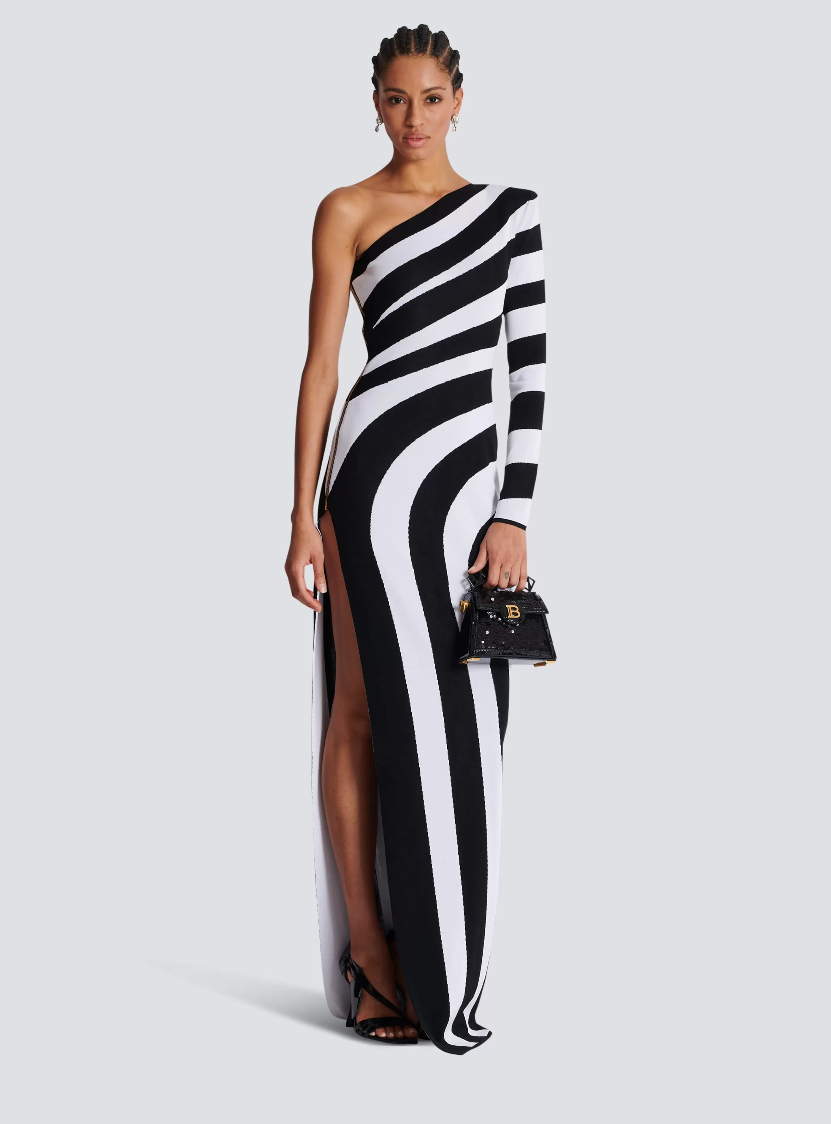 Balmain Abiti-Long Asymmetrical Striped Knit Dress black